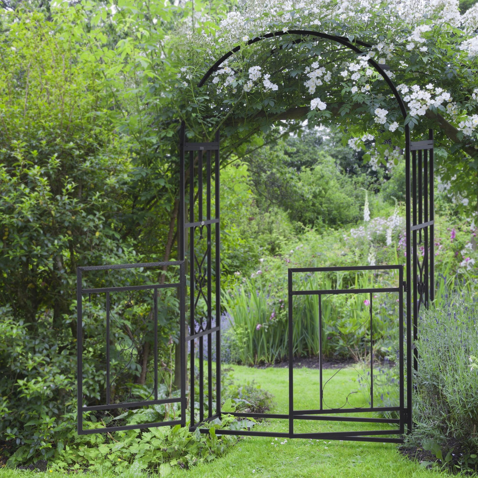 Black Steel Garden Arbor with Gate and Scrollwork