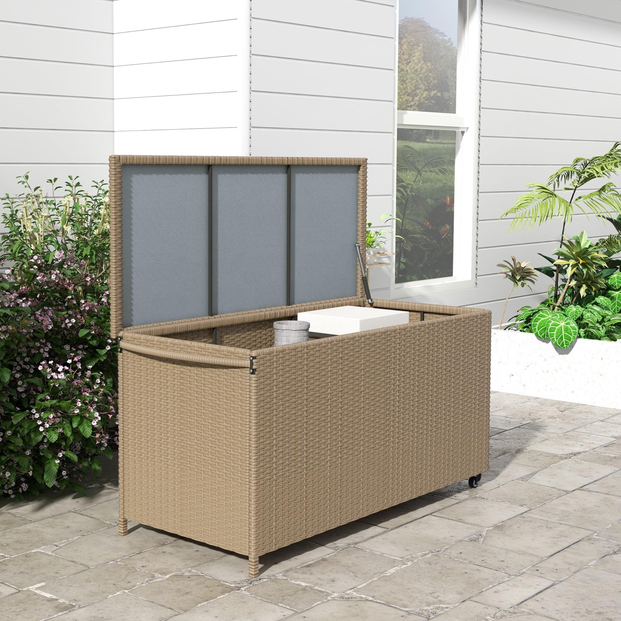 Tryimagine Outsunny 83 Gallon Deck Box, Large Outdoor Storage Chest, PE Wicker Trunk For Outside On Wheels For Garden Tools, Pool Toys & Patio Furniture Cushions