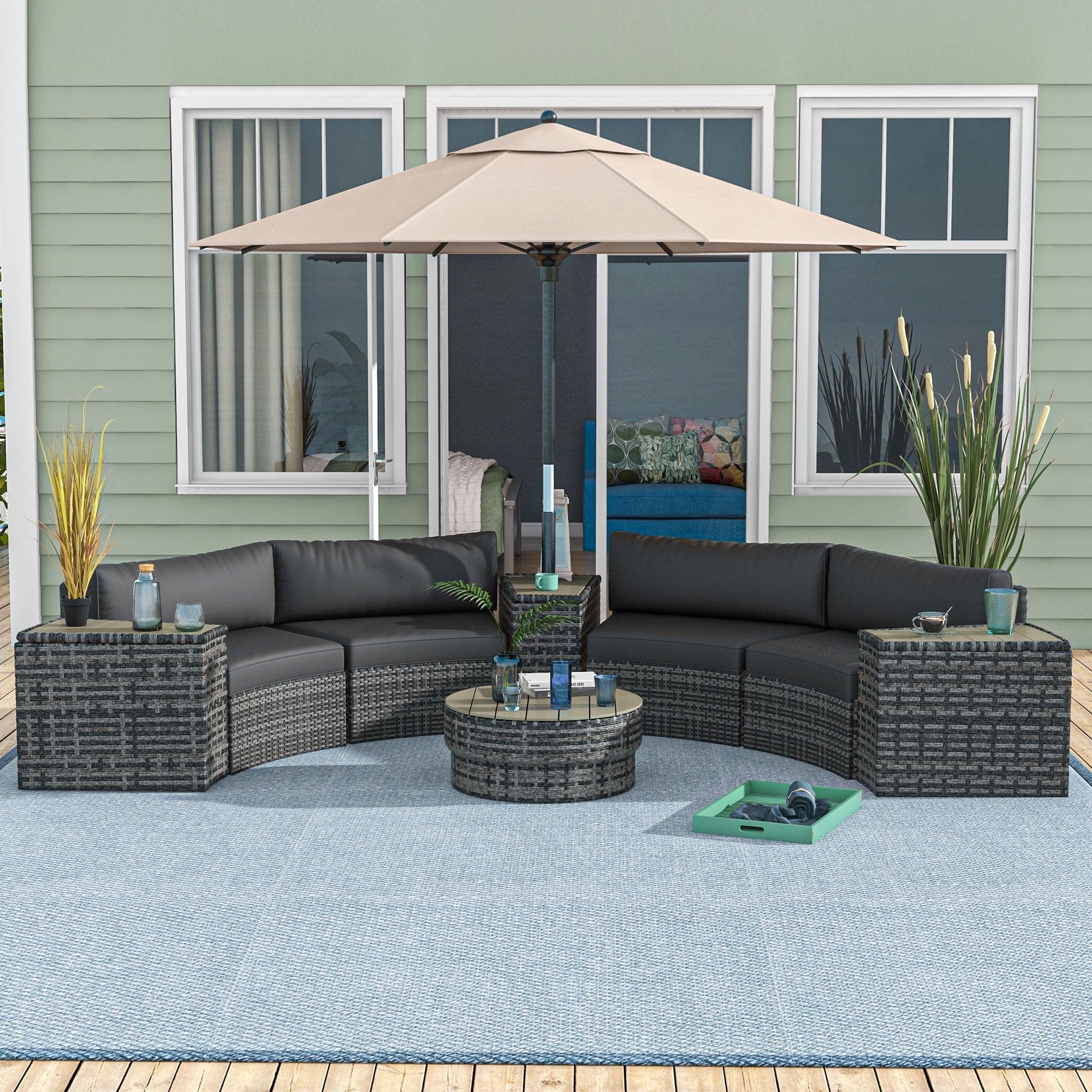 Mixed-Gray 8-Piece Rattan Patio Furniture Set with Sofa Chairs and Tables