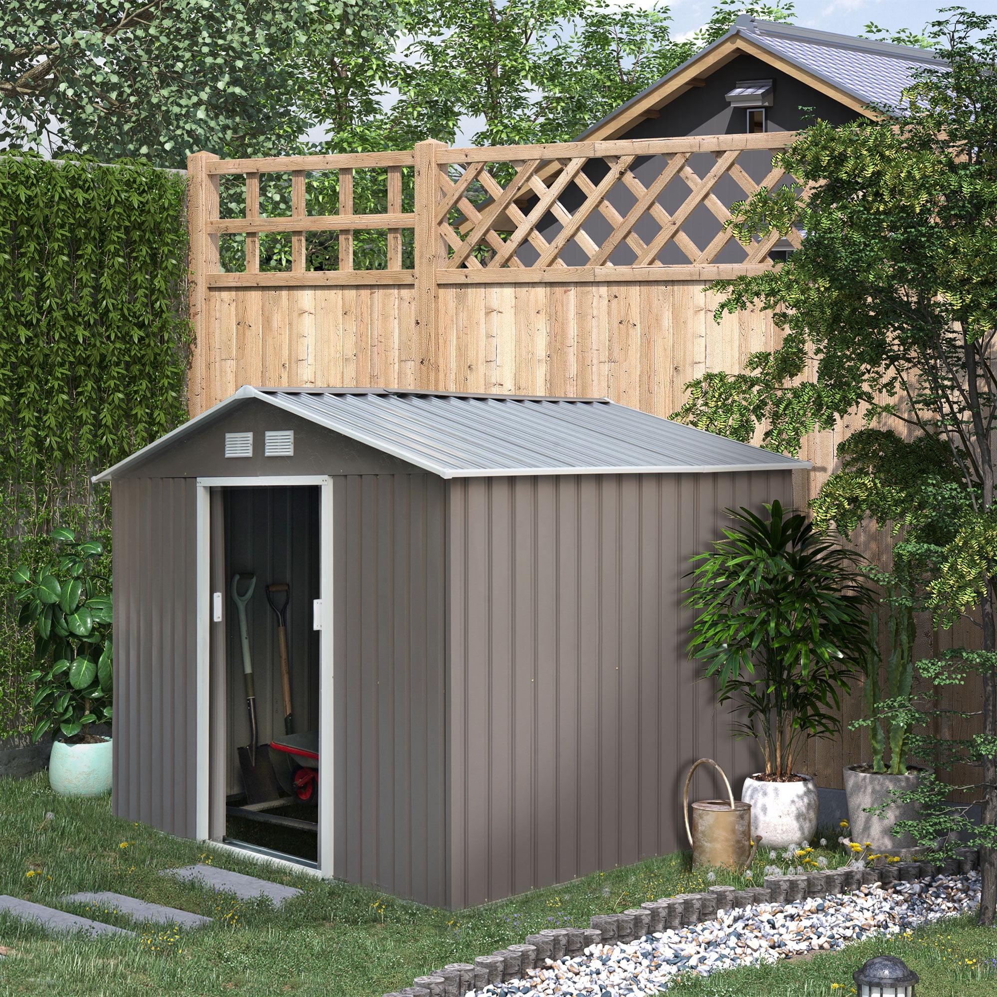 Gray Metal Outdoor Storage Shed Kit with Vents and Sliding Doors