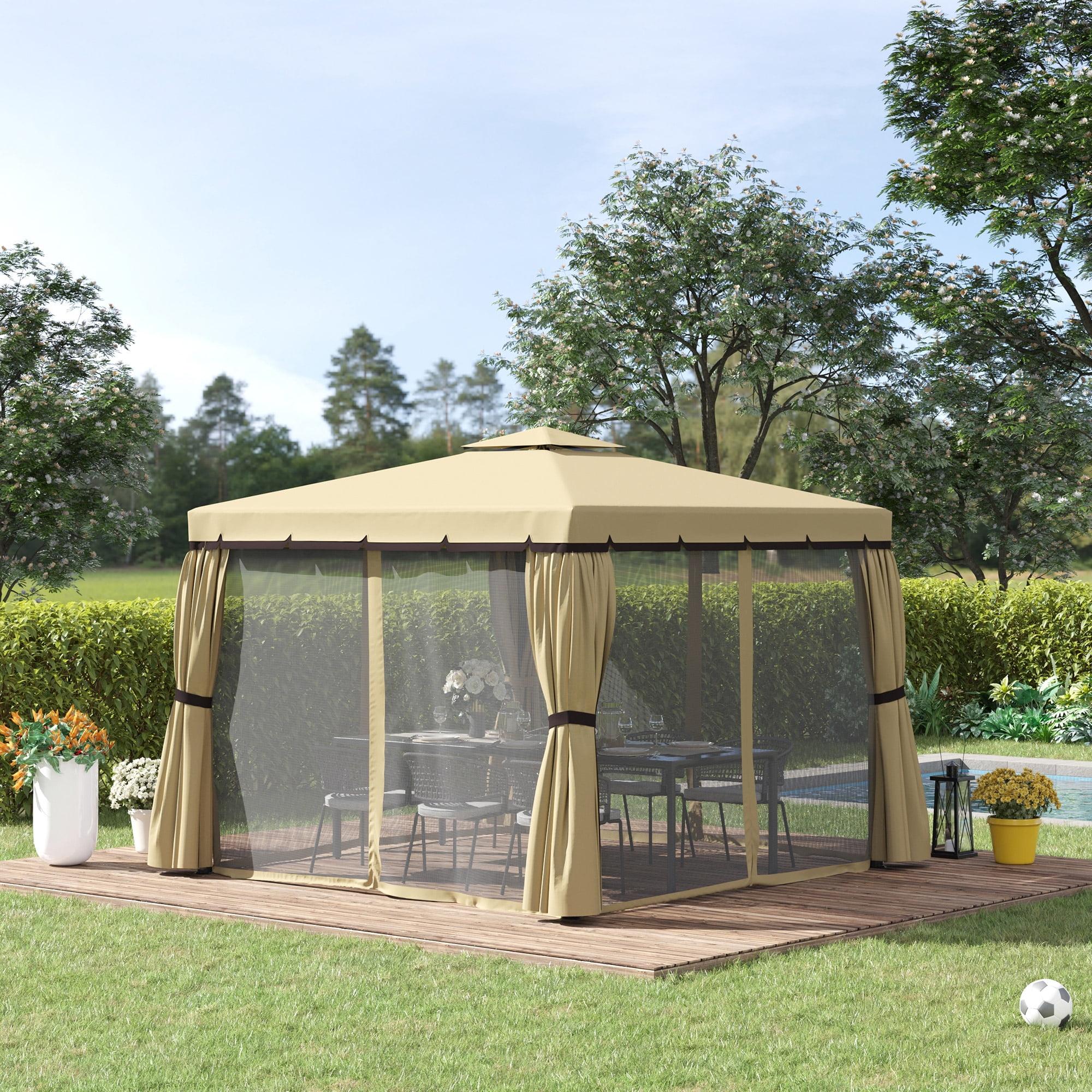 Beige 10' x 10' Aluminum Patio Gazebo with Netting and Curtains