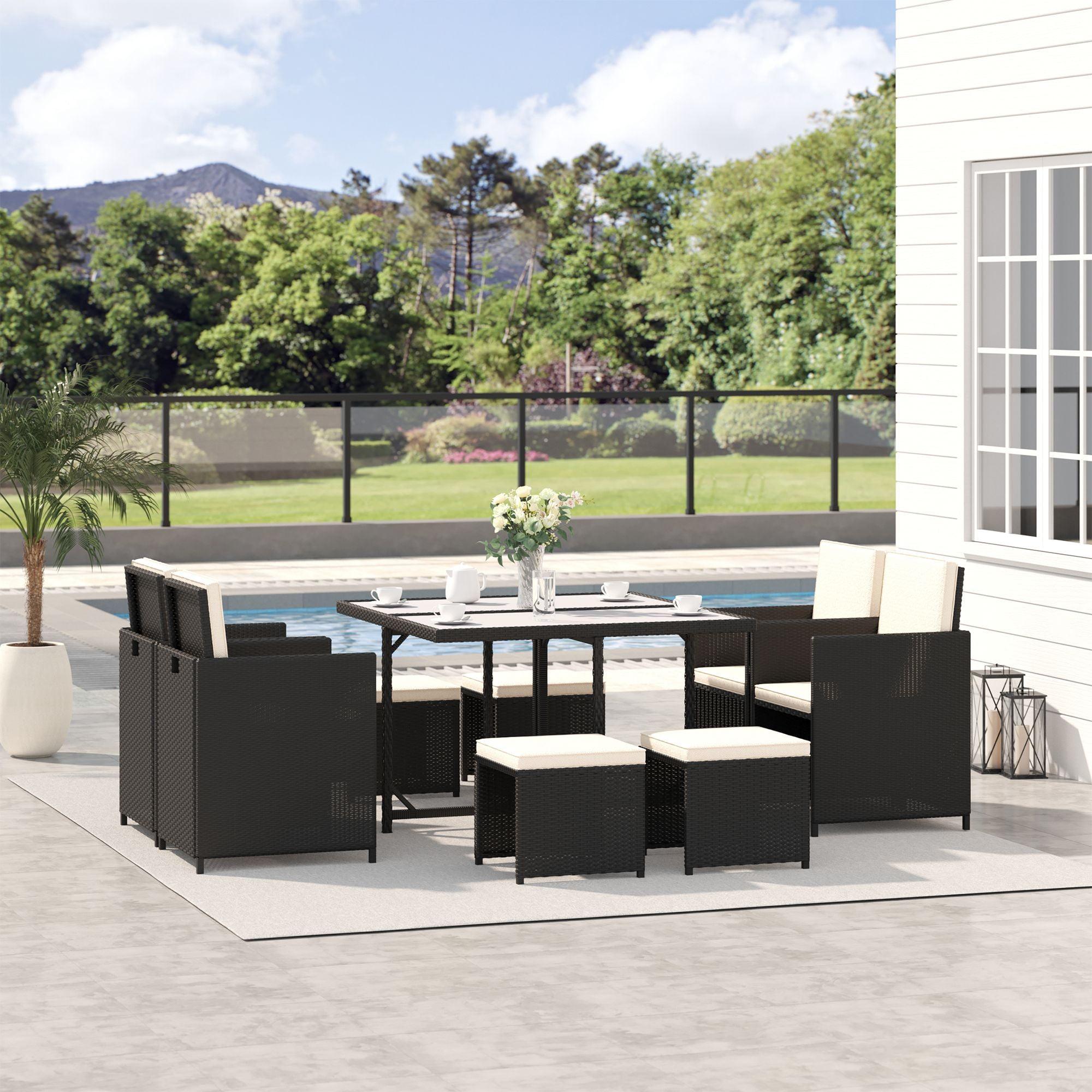 Outsunny 9 Pieces Patio Wicker Dining Sets, Space Saving Outdoor Sectional Conversation Set, with Dining Table and Chair & Cushioned for Lawn Garden Backyard