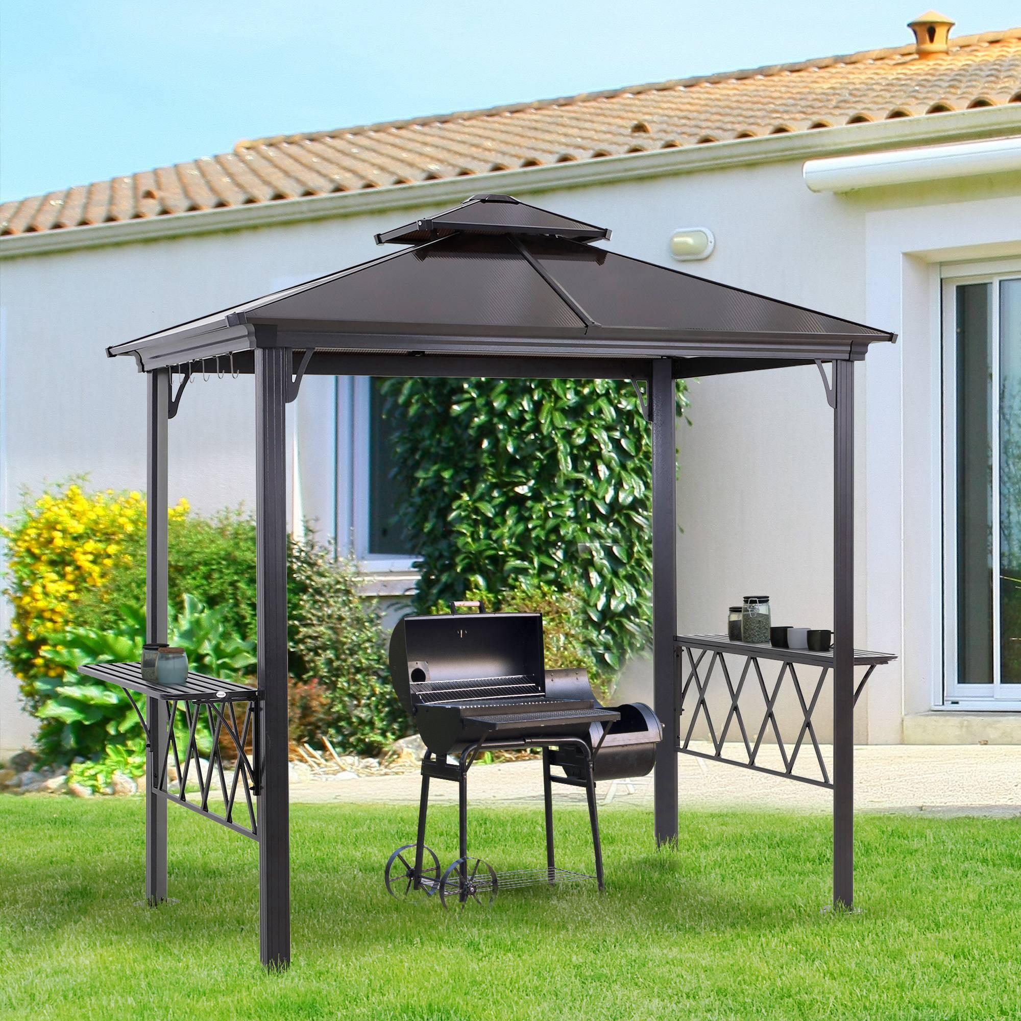 Outsunny 9' x 5' Grill Gazebo Hardtop BBQ Canopy with 2-Tier, Shelves Serving Tables for Backyard Patio Lawn