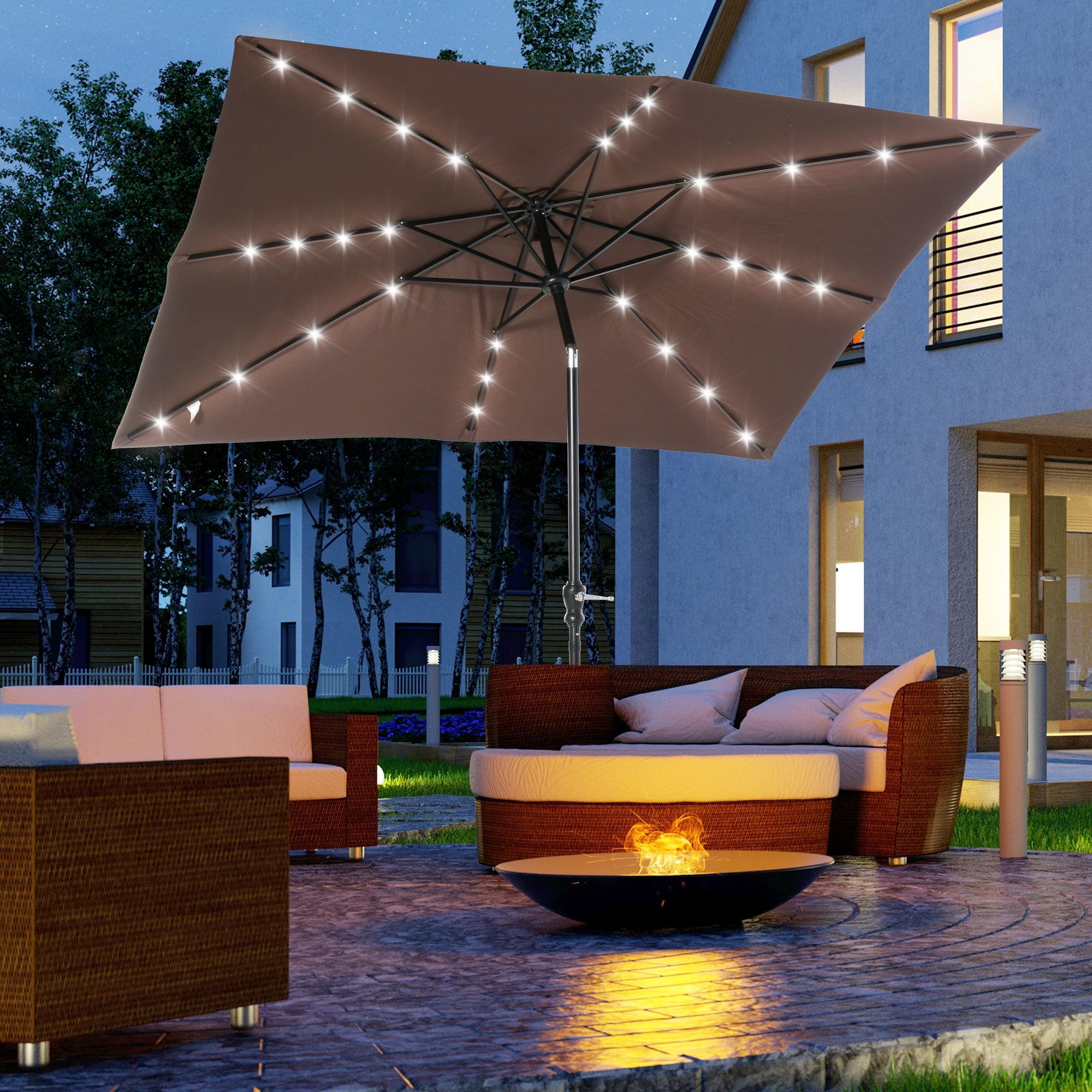 Brown Solar LED Lighted Patio Umbrella with Crank and Tilt