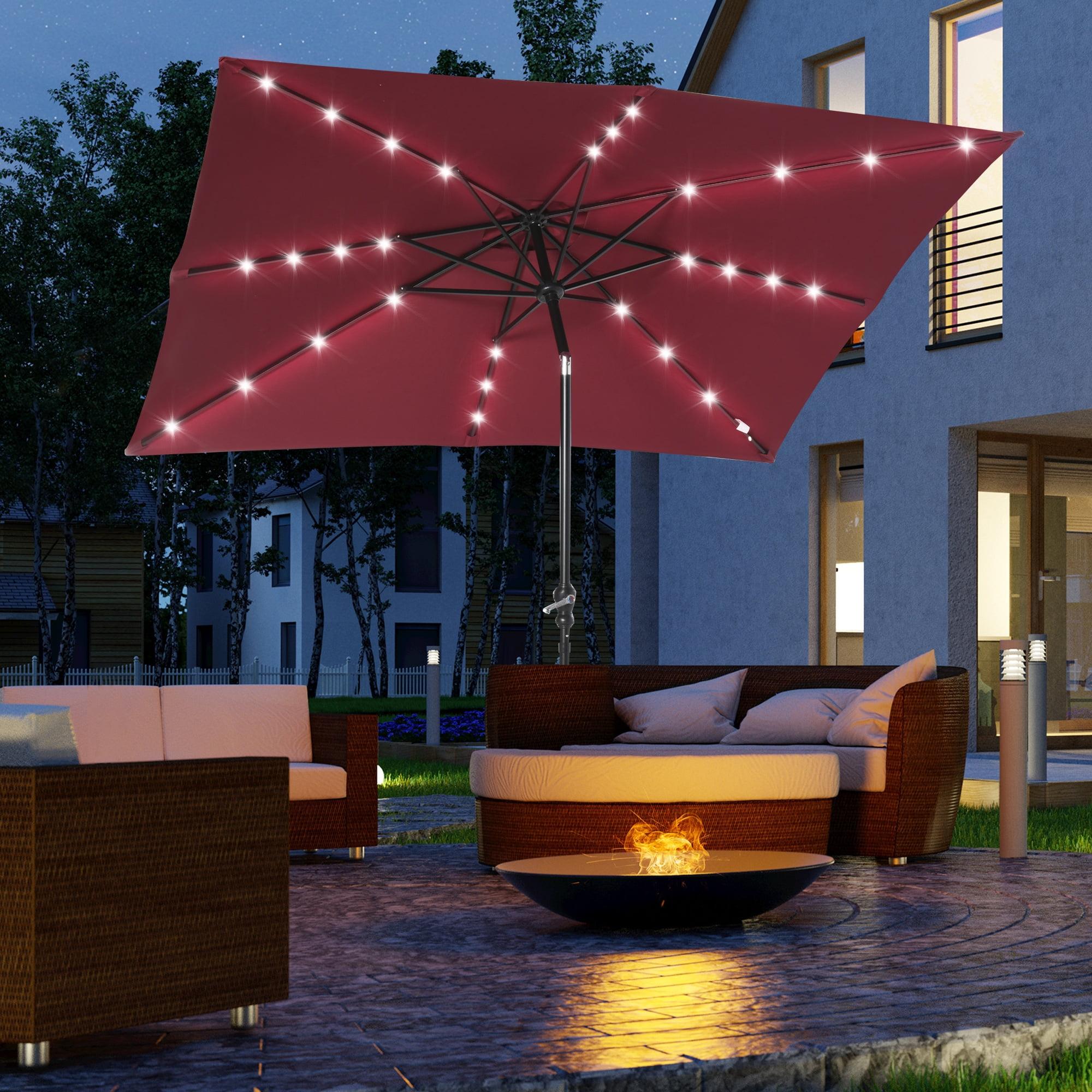 Outsunny 9' x 7' Solar Umbrella, LED Lighted Patio Umbrella for Table or Base with Tilt & Crank, Outdoor Umbrella for Backyard, Pool, Beach, Red