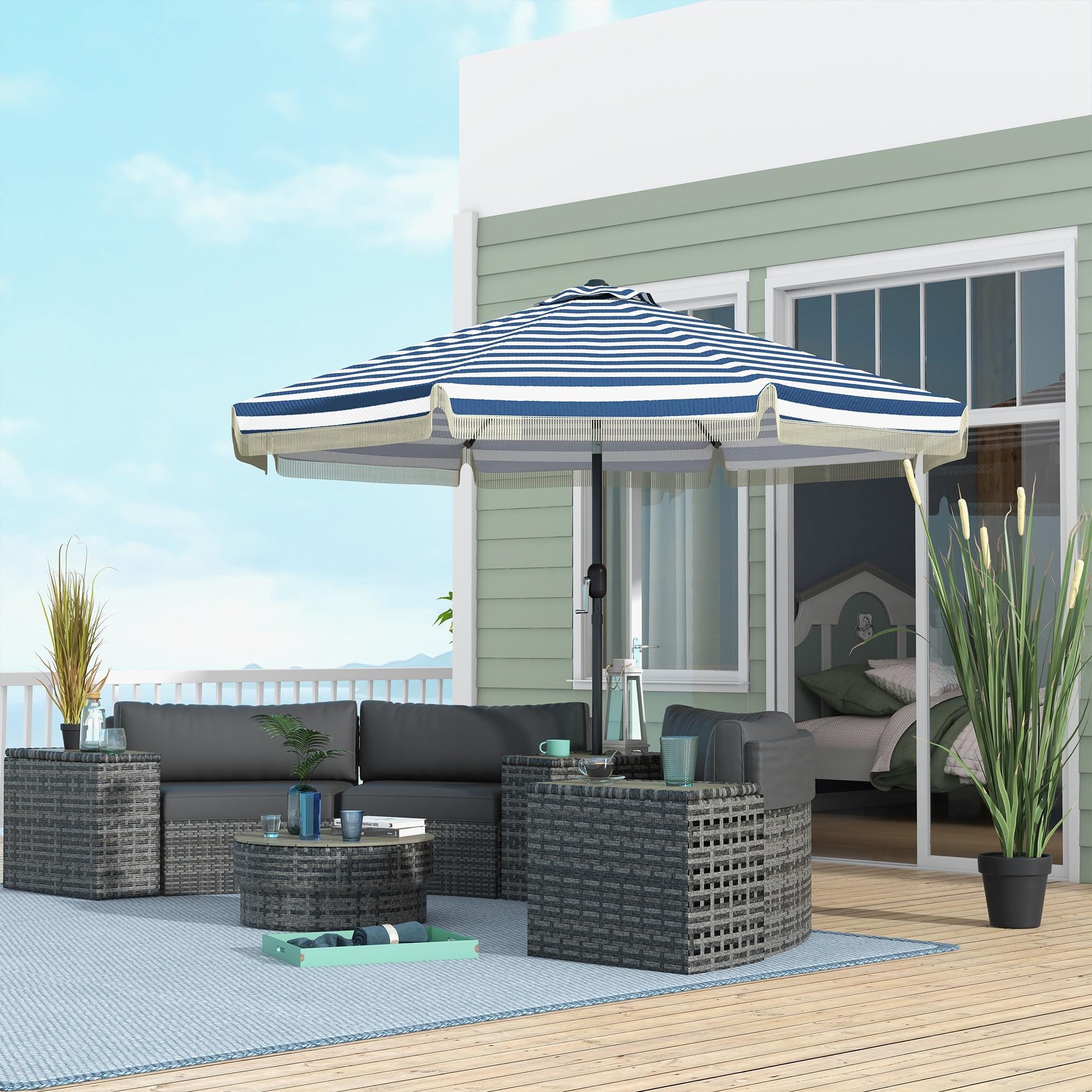 Outsunny 9' Patio Umbrella with Push Button Tilt and Crank Outdoor Double Top Market Umbrella, Blue Striped