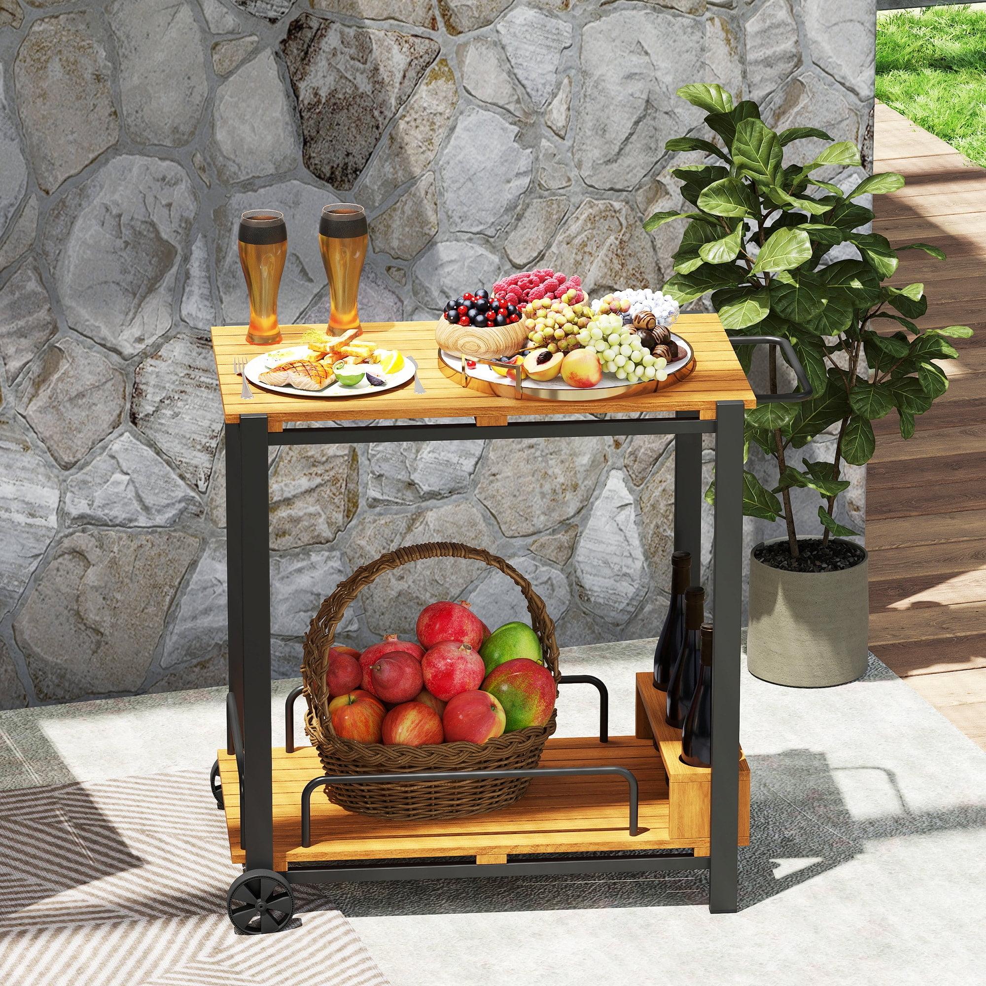 Outsunny Acacia Wood Outdoor Bar Cart with Wheels, Rolling 2-Tier Coffee & Drink Cart with 3 Bottle Holders, Outdoor Serving Cart for Patio, Teak