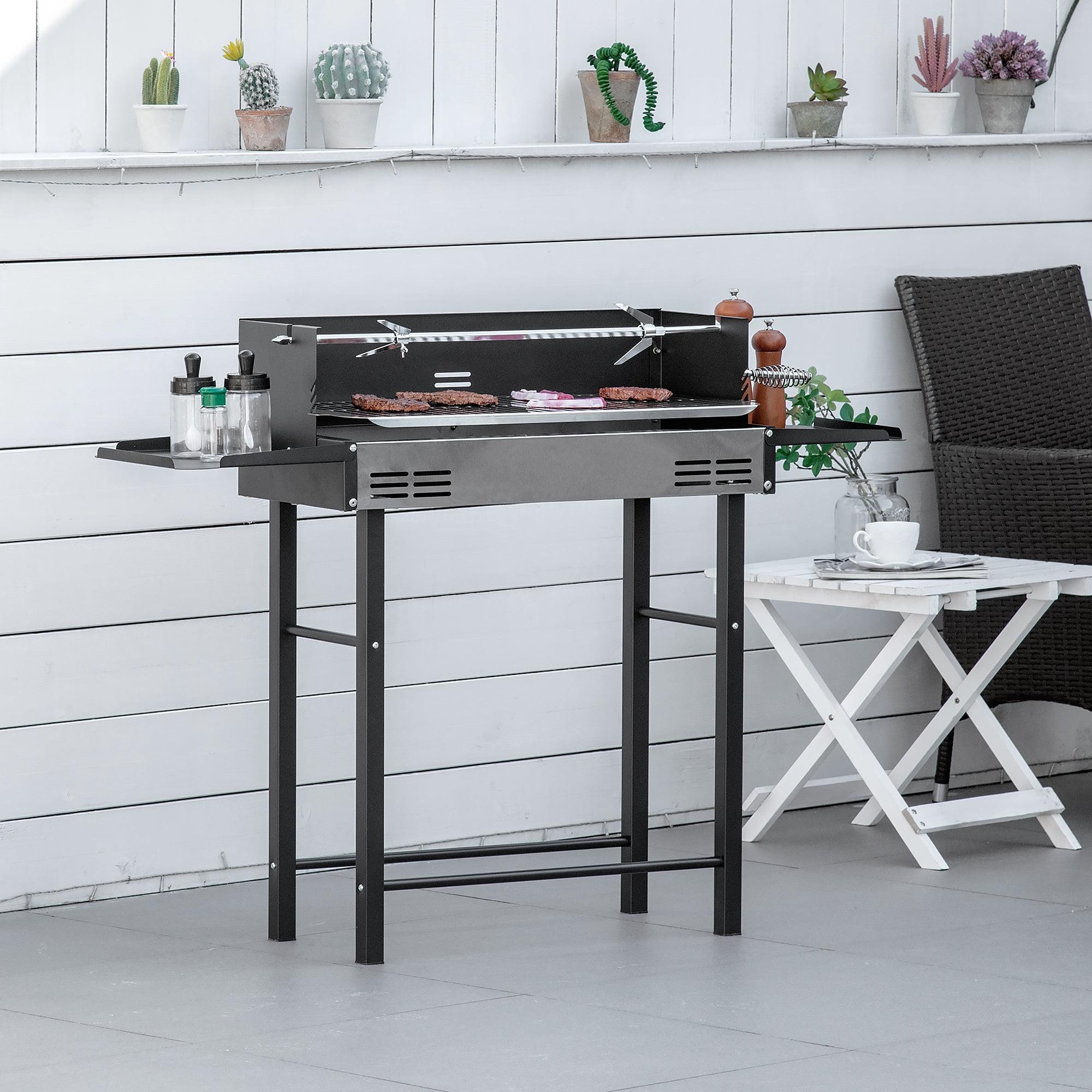 Outsunny BBQ Rotisserie Grill Roaster for Chicken or Turkey with 3-Level Grill Grate, Foldable Storage Shelves, and Wind Deflector, Stainless Steel