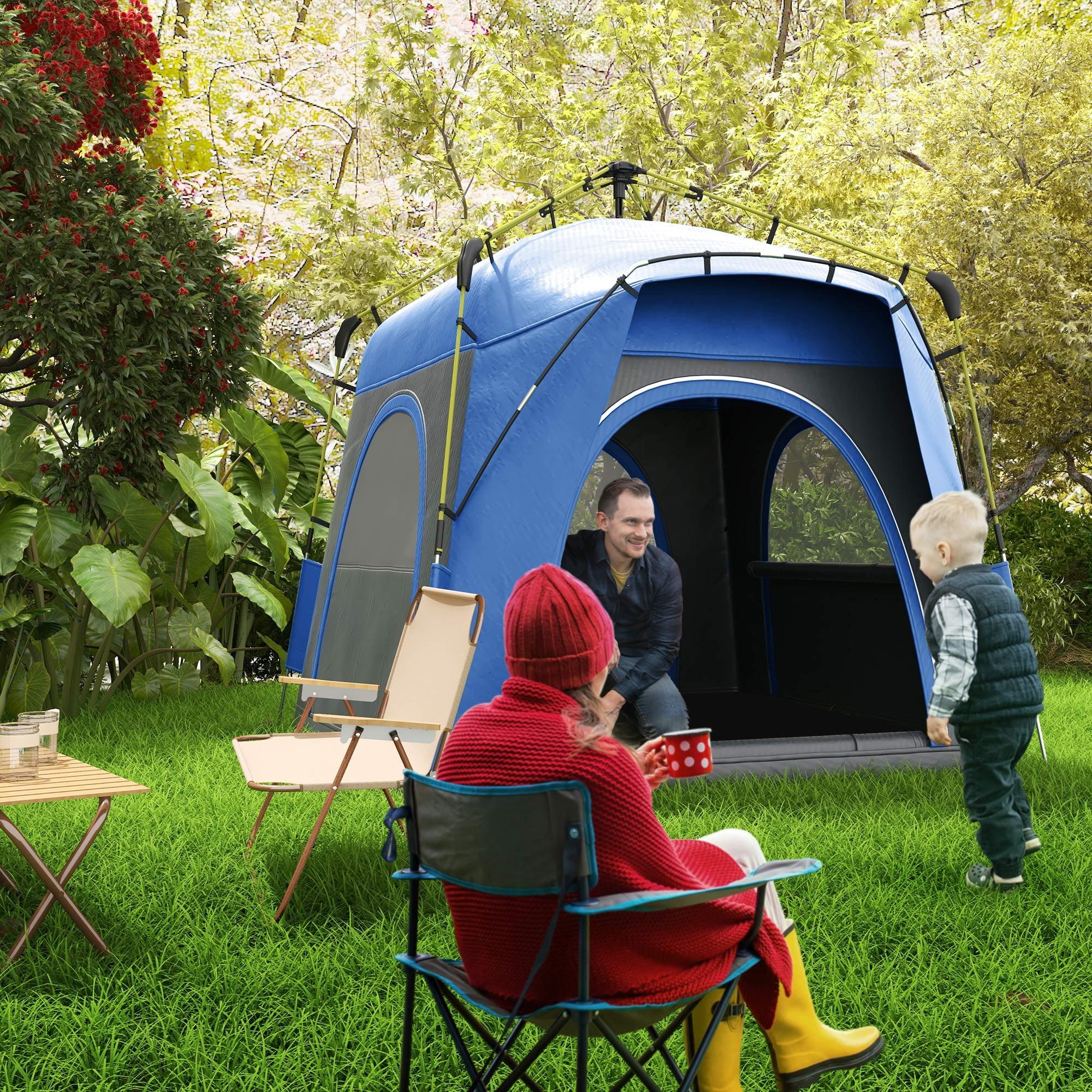 Outsunny Camping Tents 4 Person Pop Up Tent Quick Setup Automatic Hydraulic Family Travel Tent w/ Windows, Doors Carry Bag Included, Blue