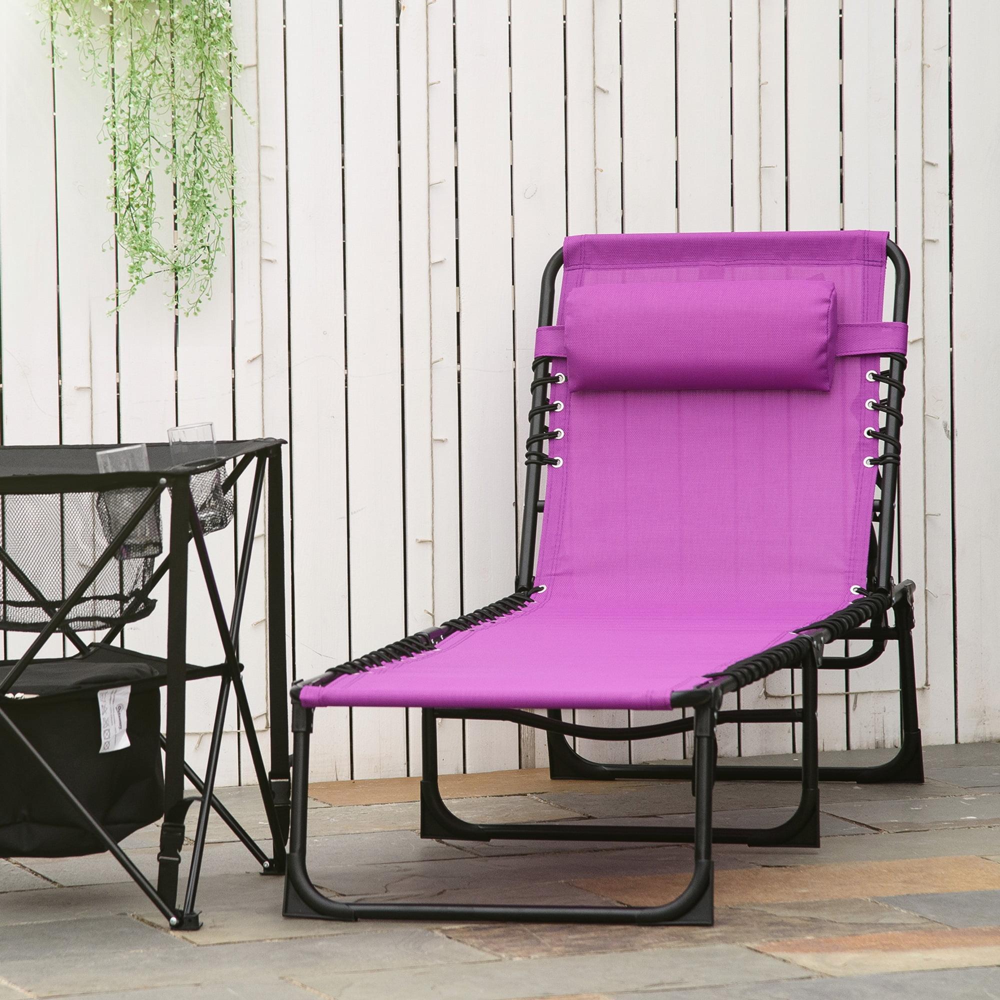 Folding Chaise Lounge Pool Chair with 4-Position Reclining Back, Pillow, Breathable Mesh & Bungee Seat, Purple