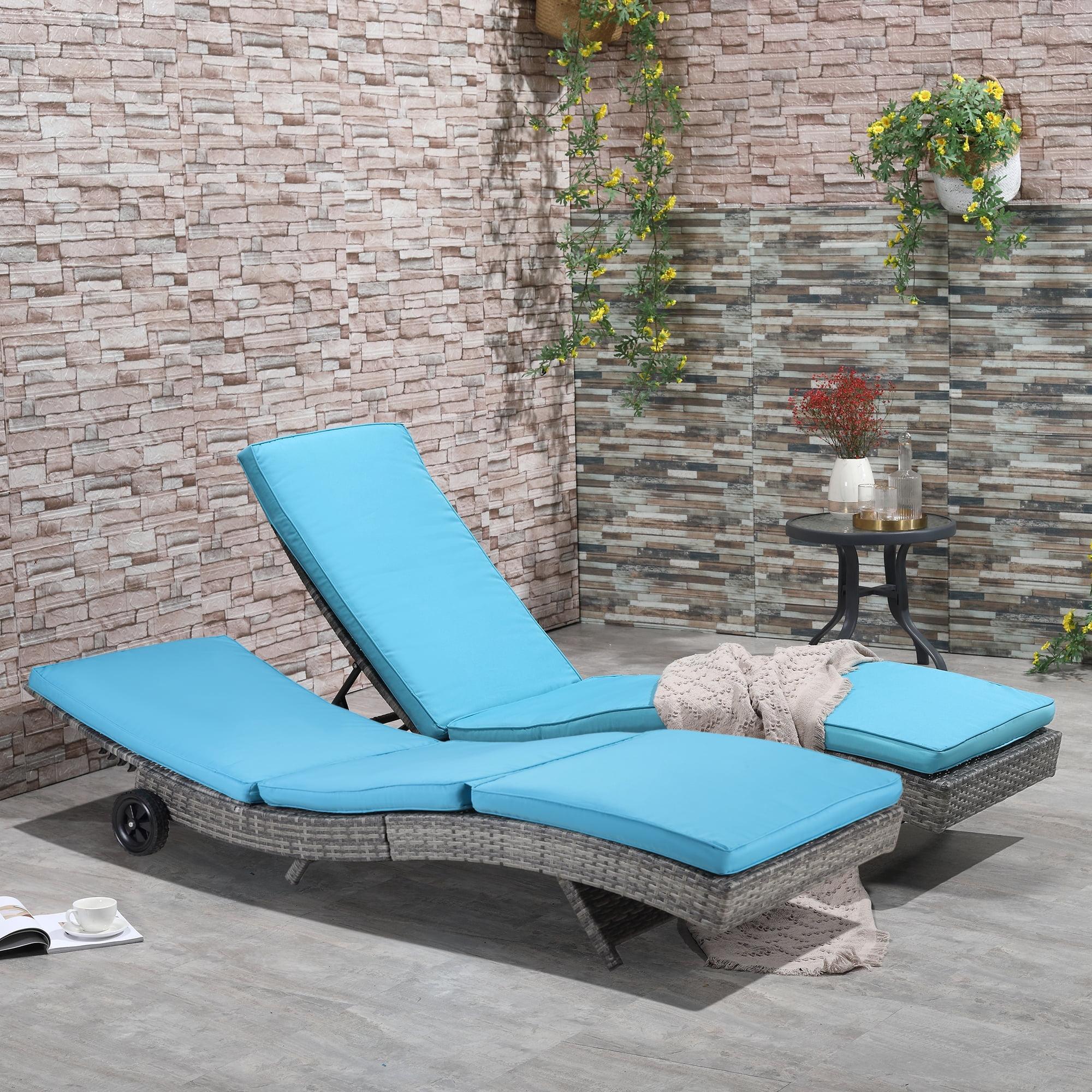 Outsunny 2 Piece Chaise Lounge Pool Chair Set, Outdoor PE Rattan Cushioned Patio Sun Lounger w/ 5-Level Adjustable Backrest & Wheels, Wicker, Sky Blue