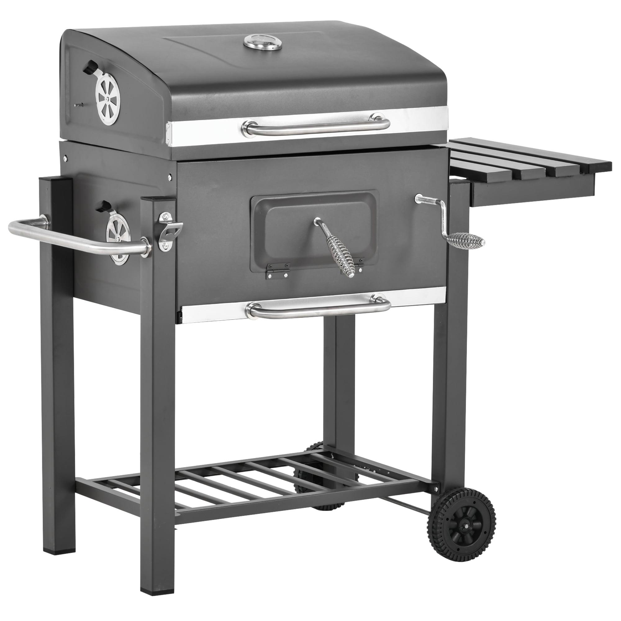 Outsunny Charcoal BBQ Grill, Outdoor Portable Cooker for Camping or Backyard Picnic with Side Table, Bottom Storage Shelf, Wheels and Handle, Gray