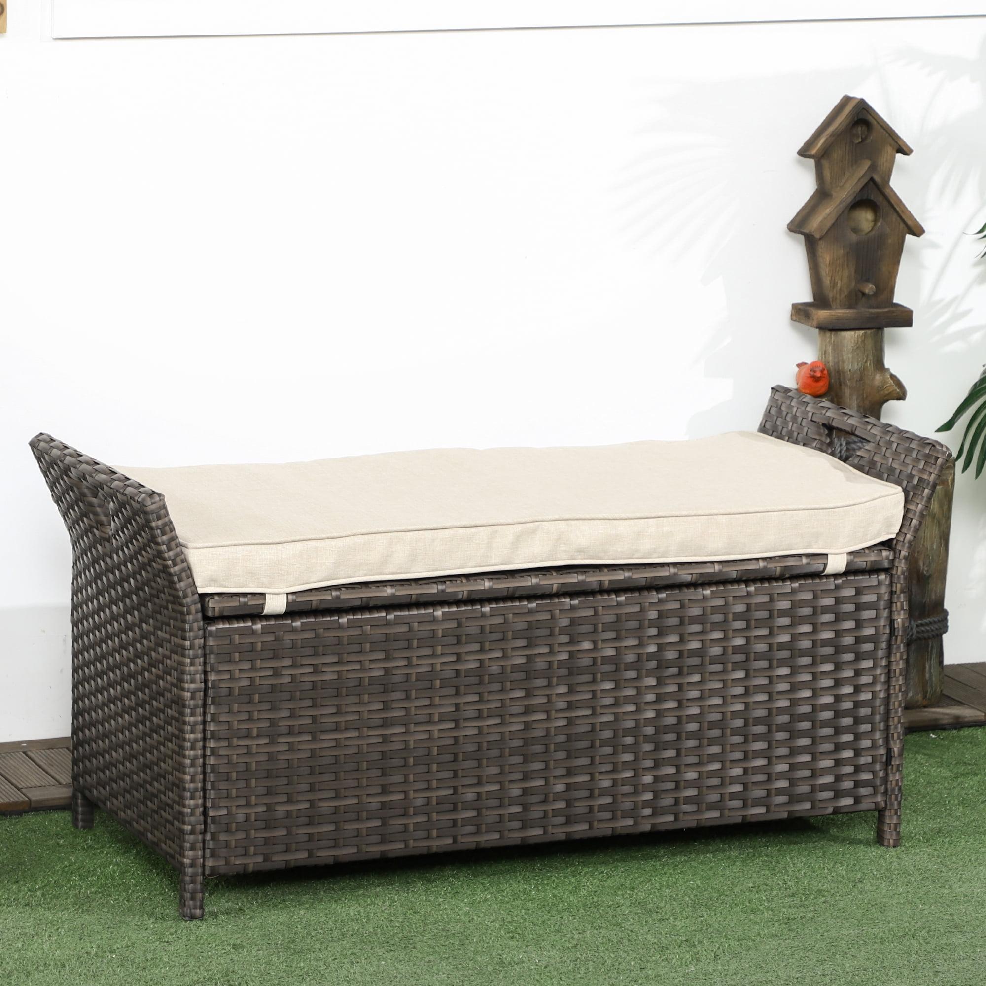 Outsunny 29 Gallon Patio Wicker Storage Bench, Outdoor PE Rattan Patio Furniture, 2-In-1 Footstool Rectangle Basket Box w/ Handles & Cushion, Cream