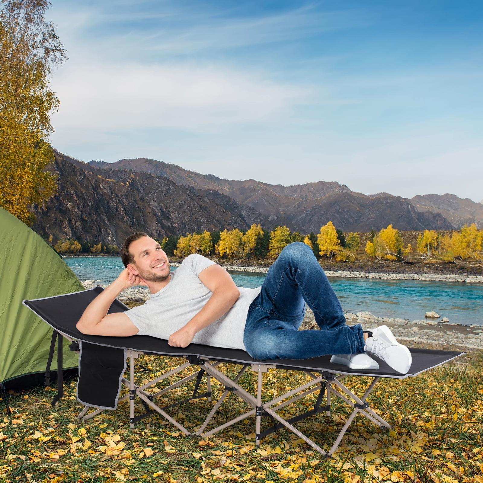 Outsunny Folding Camping Cot for Adults with Carry Bags, Side Pockets, Outdoor Portable Sleeping Bed for Travel Camp Vocation, Black