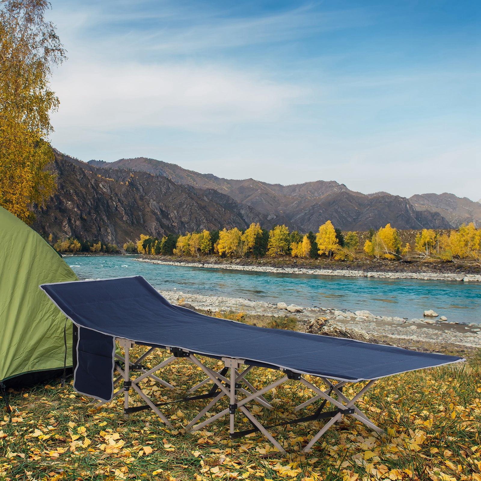 Blue and Beige Folding Camping Cot with Carry Bag