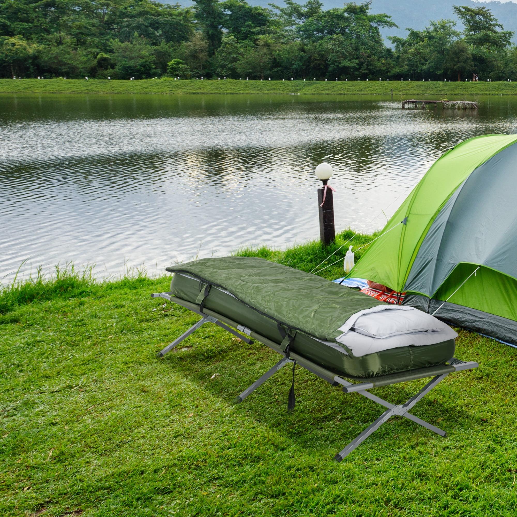 Outsunny Green Folding Camping Cot with Mattress and Pillow