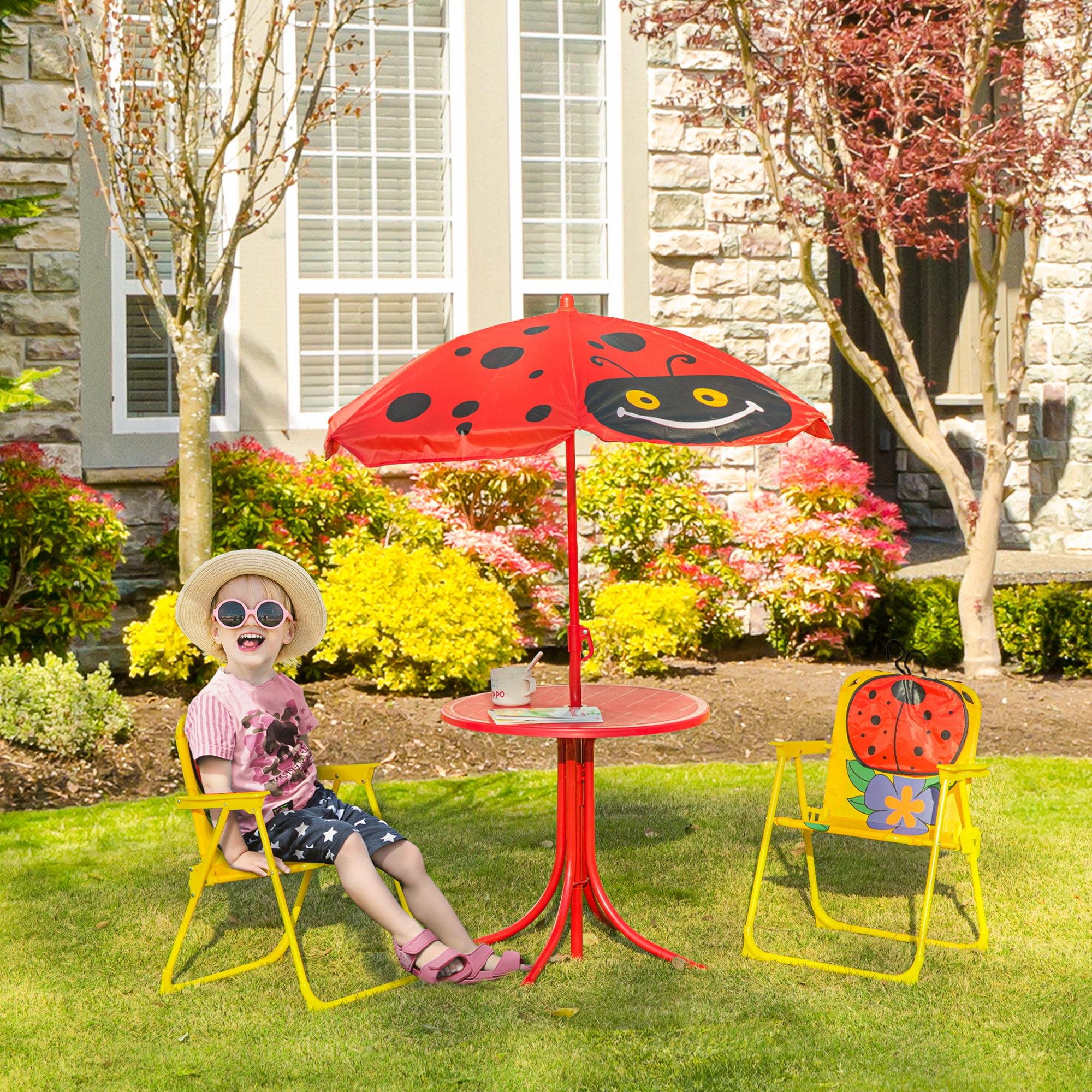 Outsunny Kids Table and Chair Set, Picnic Table for Patio Backyard, with Removable & Adjustable Sun Umbrella, 3-6 Years Old, Red