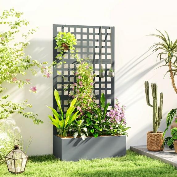 Outsunny Galvanized Raised Garden Bed with Trellis and Drainage Holes for Climbing Plants, Vegetable, Vines, 35" x 16" x 70", Gray