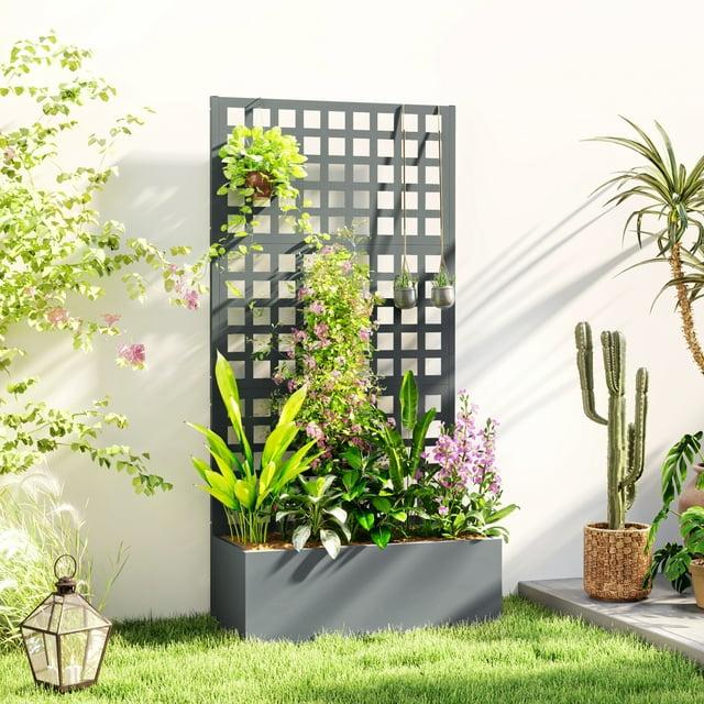 Outsunny Galvanized Raised Garden Bed with Trellis and Drainage Holes for Climbing Plants, Vegetable, Vines, 35" x 16" x 70", Gray