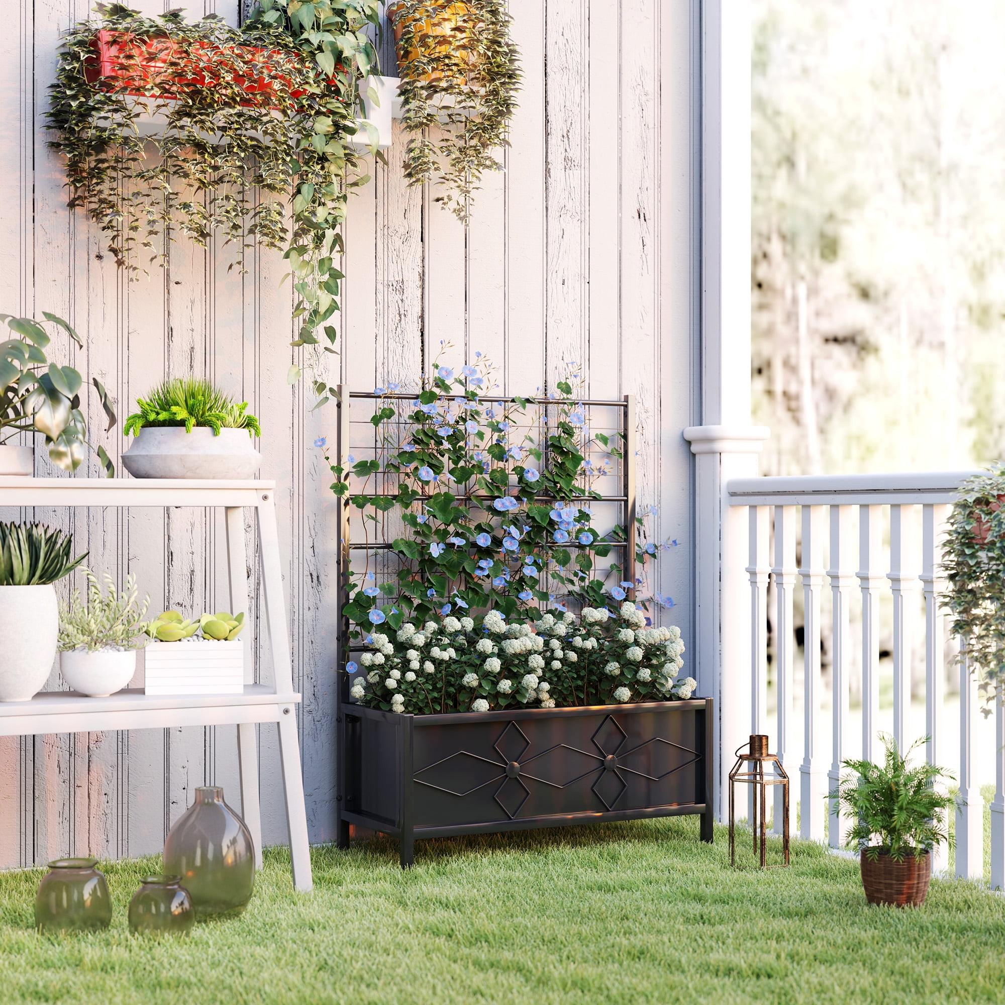 Black Galvanized Steel Raised Garden Bed with Trellis