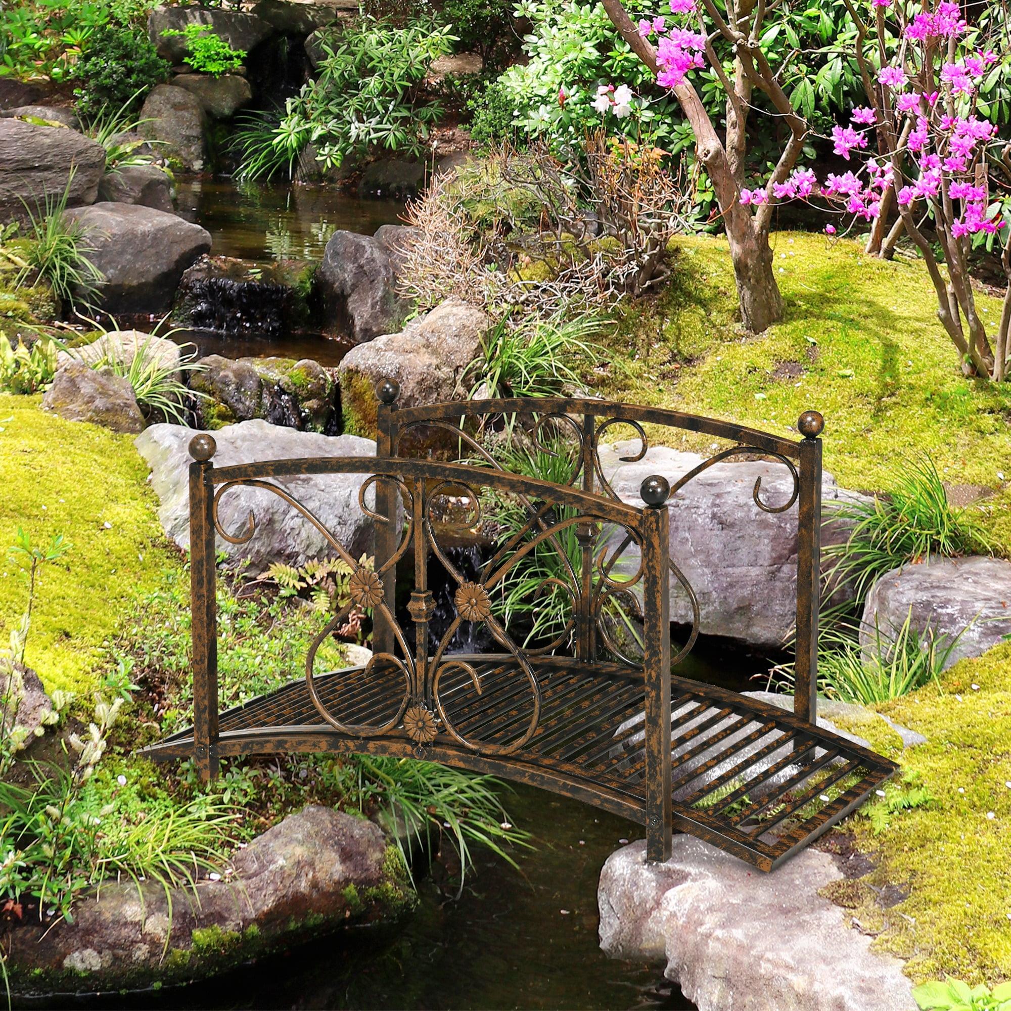 Outsunny 3.3FT Metal Arch Zen Garden Bridge with Safety Siderails, Decorative Footbridge, Delicate Floral Scrollwork for Stream, Fish Pond