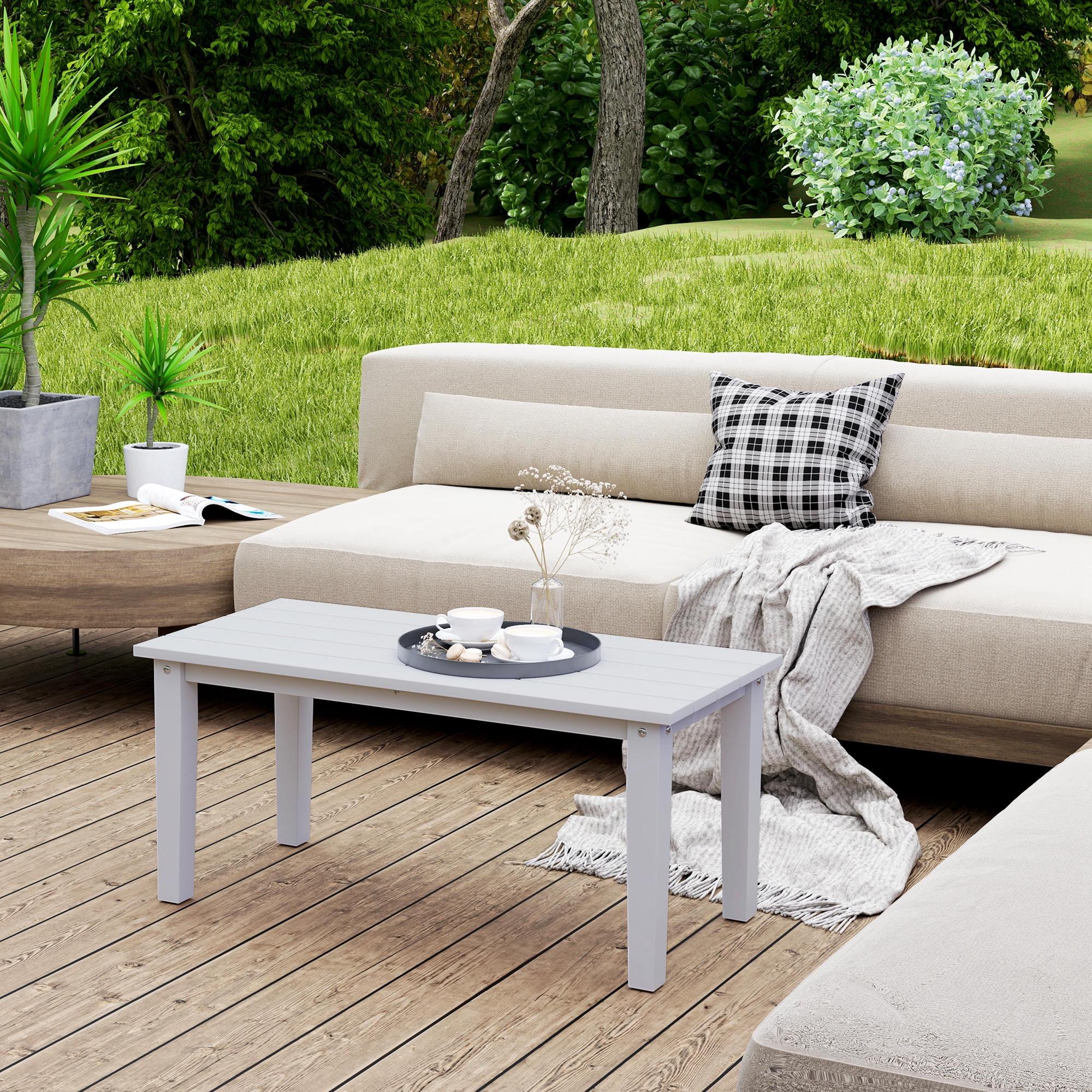 Outsunny HDPE Outdoor Coffee Table, Rectangle All-Weather Patio Coffee Table, Slatted Outdoor Patio Table for Garden, Balcony, Backyard, White