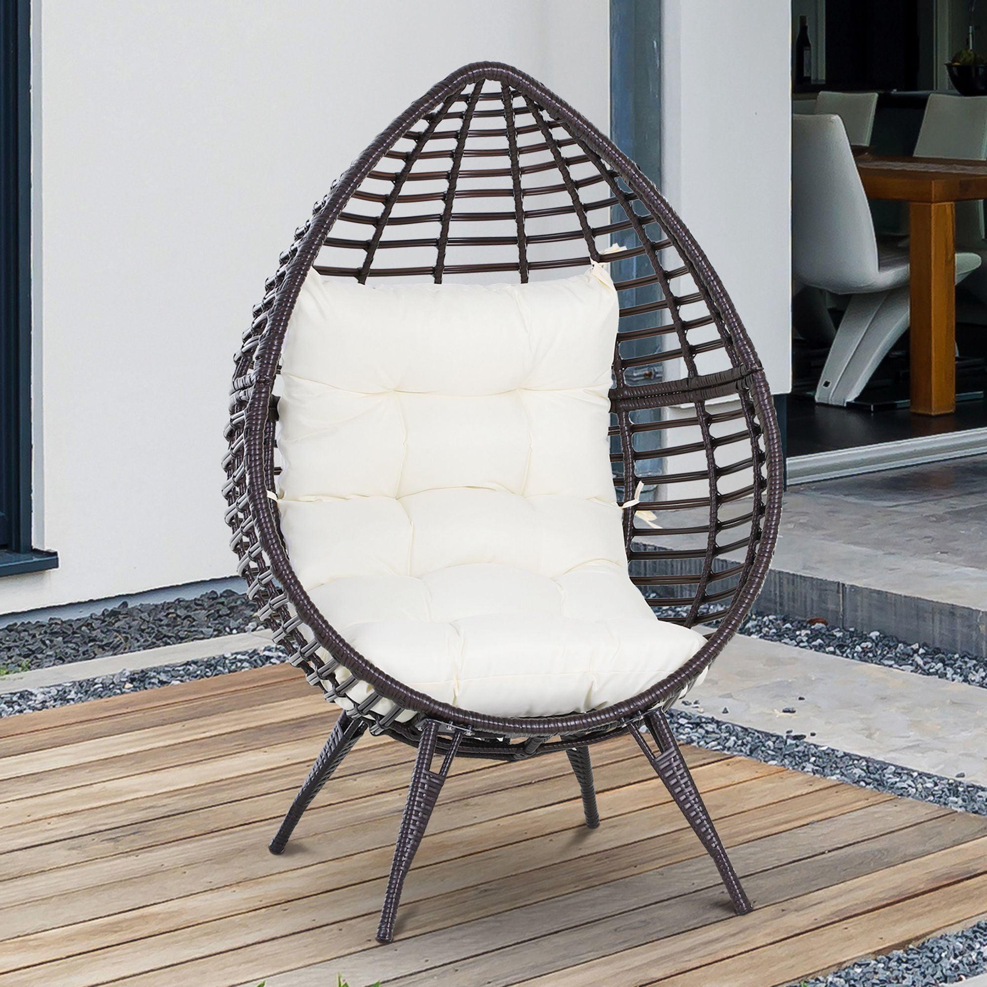 Beige Wicker Teardrop Lounge Chair with Cushion