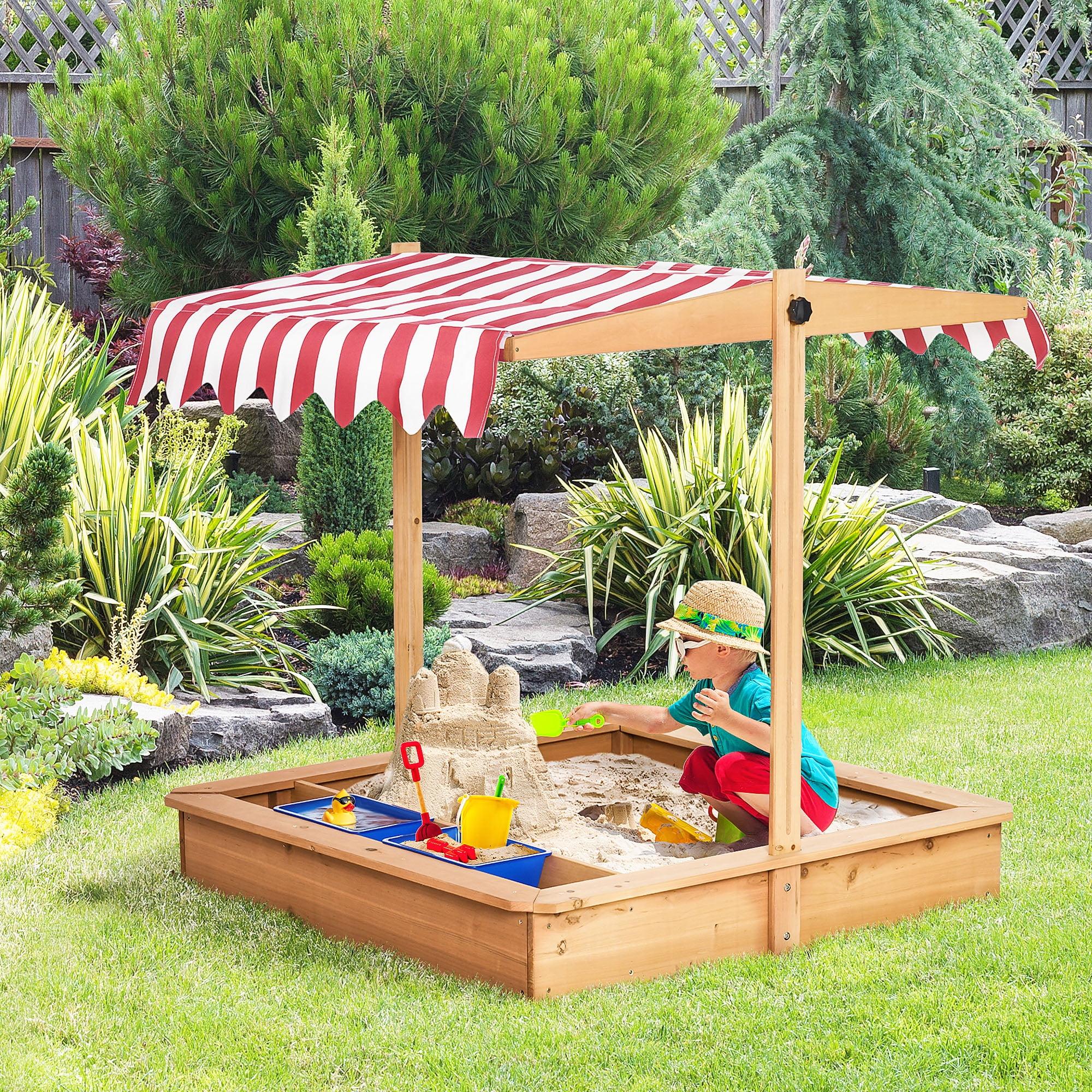 Outsunny Kids Wooden Sandbox, Children Sand Play Station Outdoor, with Adjustable Height Cover, Bottom Liner, Seat, Plastic Basins, Boys and Girls
