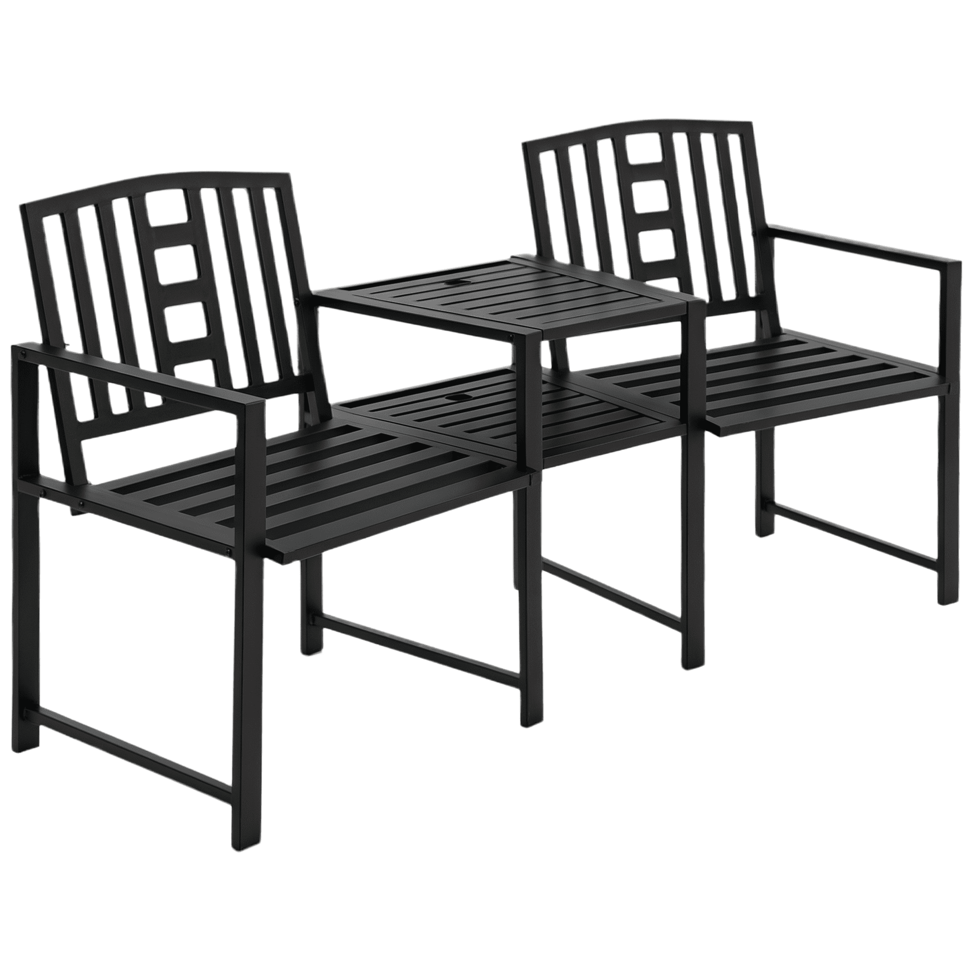 Outsunny Metal Garden Bench with Middle Table and Umbrella Hole, 2-in-1 Double Patio Chairs, Outdoor 2-person Tete-a-Tete, Slatted, Black