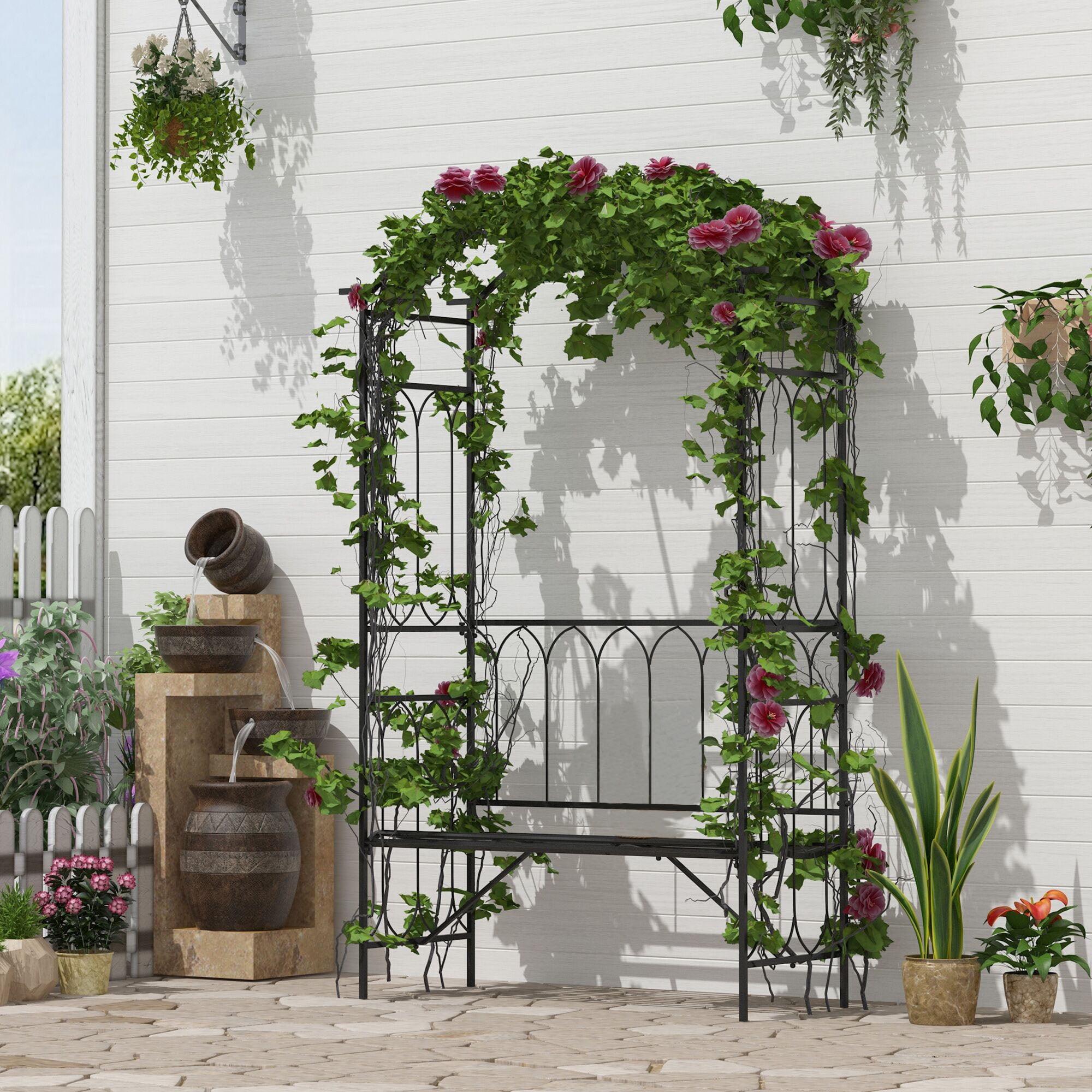 Outsunny Metal Trellis Arbor Arch for Climbing Plants with Garden Bench, Grow Grapes & Vines, Decorative Seating, 484 lbs. Weight Capacity, Black
