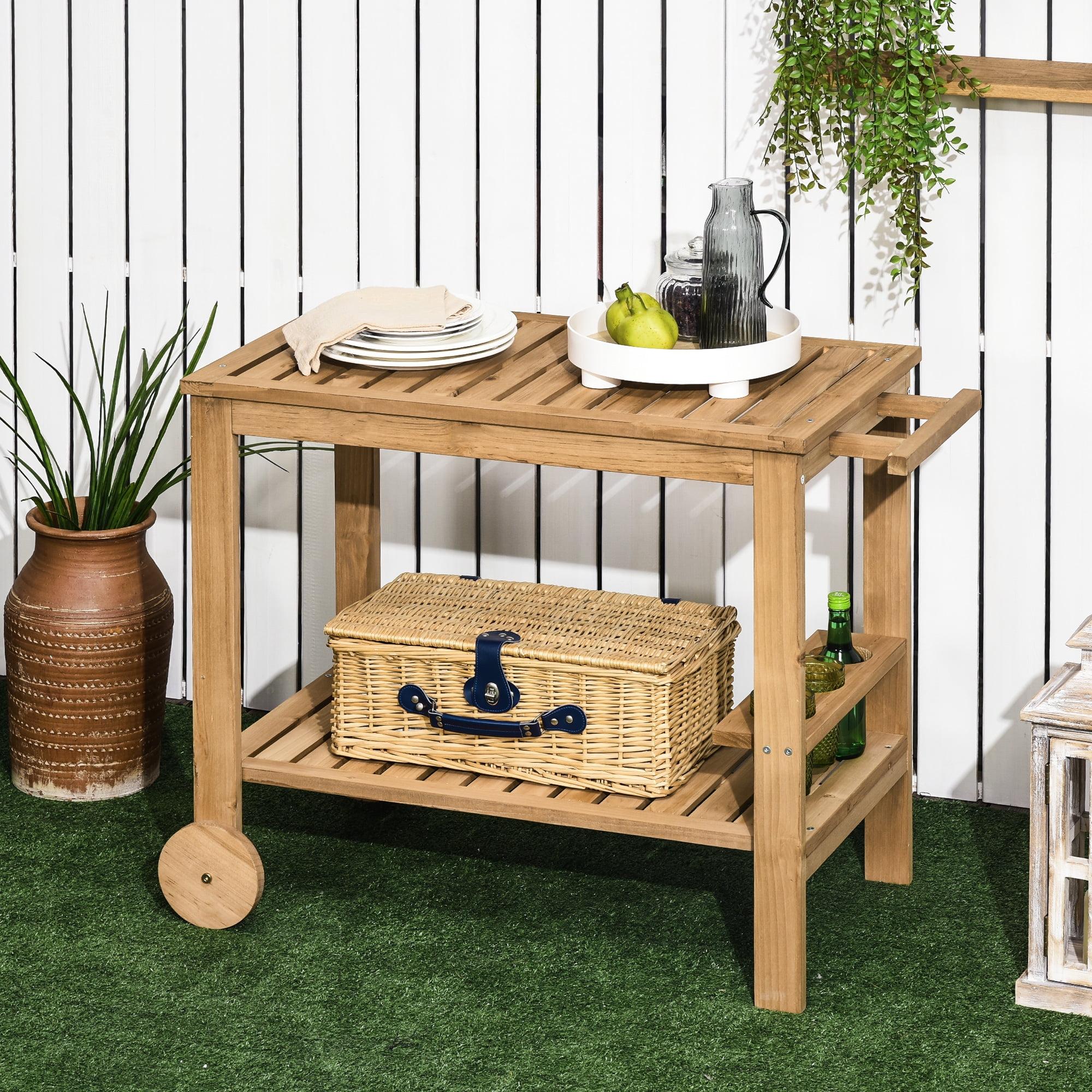 Natural Wood Outdoor Bar Cart with Wine Rack