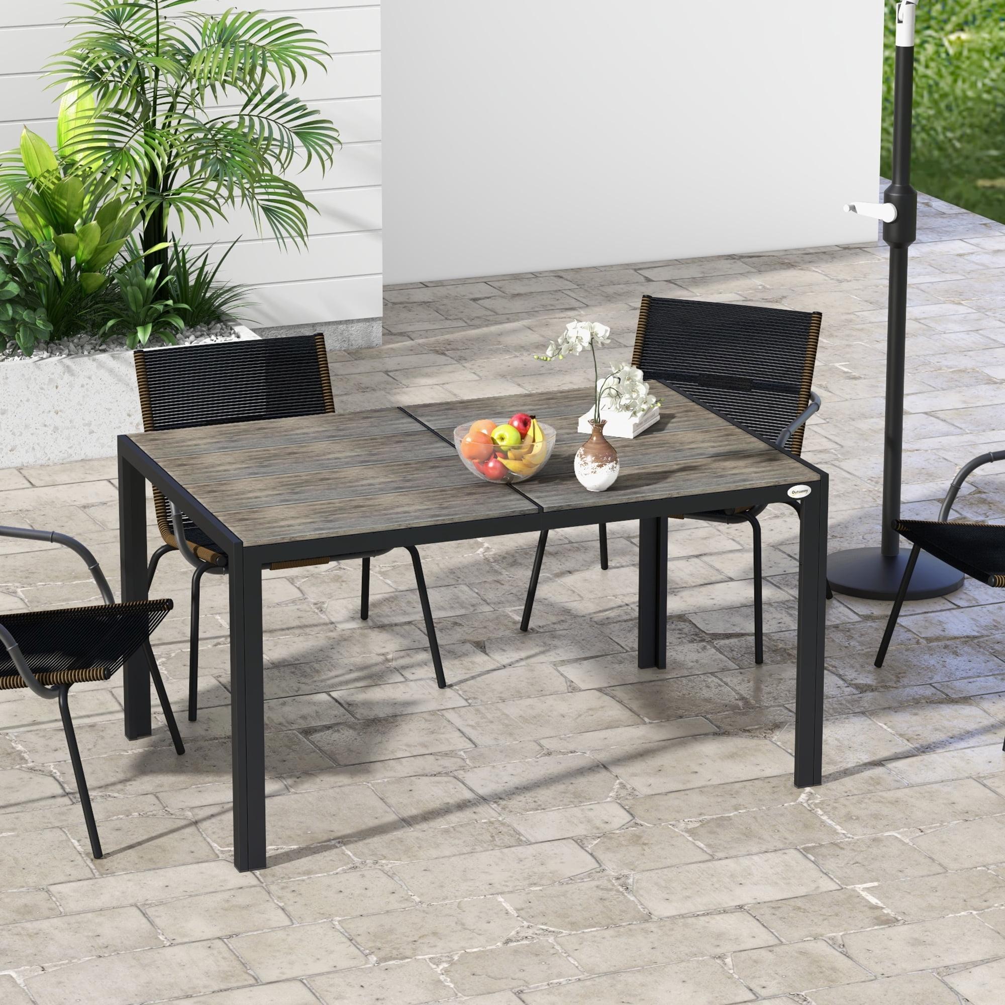 Outsunny Outdoor Dining Table for 6 People, Aluminum Rectangular Patio Table with Faux Wood Tabletop for Backyard, Lawn, 55" x 35.5", Gray