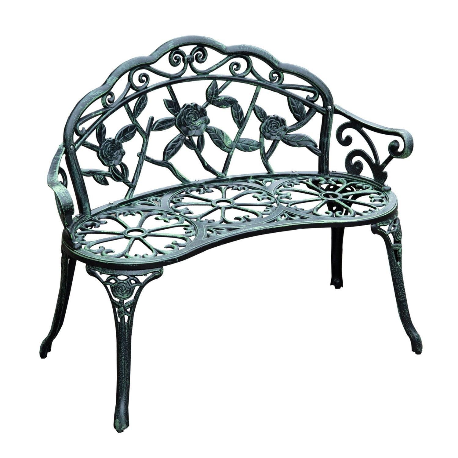 Outsunny Outdoor Bench, Cast Aluminum Outdoor Furniture, Metal Bench with Floral Rose Accent & Antique Finish, Green