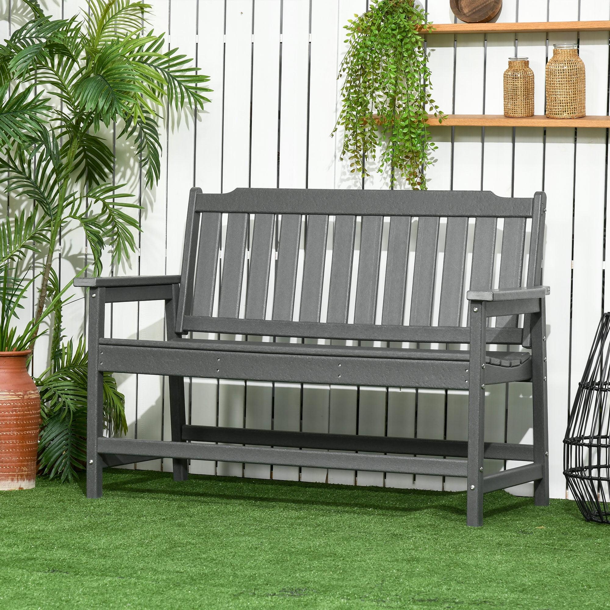 Outsunny Outdoor Bench, 2-Person Park Style Garden Bench with All-Weather HDPE, 704 lbs. Weight Capacity, Slatted Back & Armrests, Dark Gray