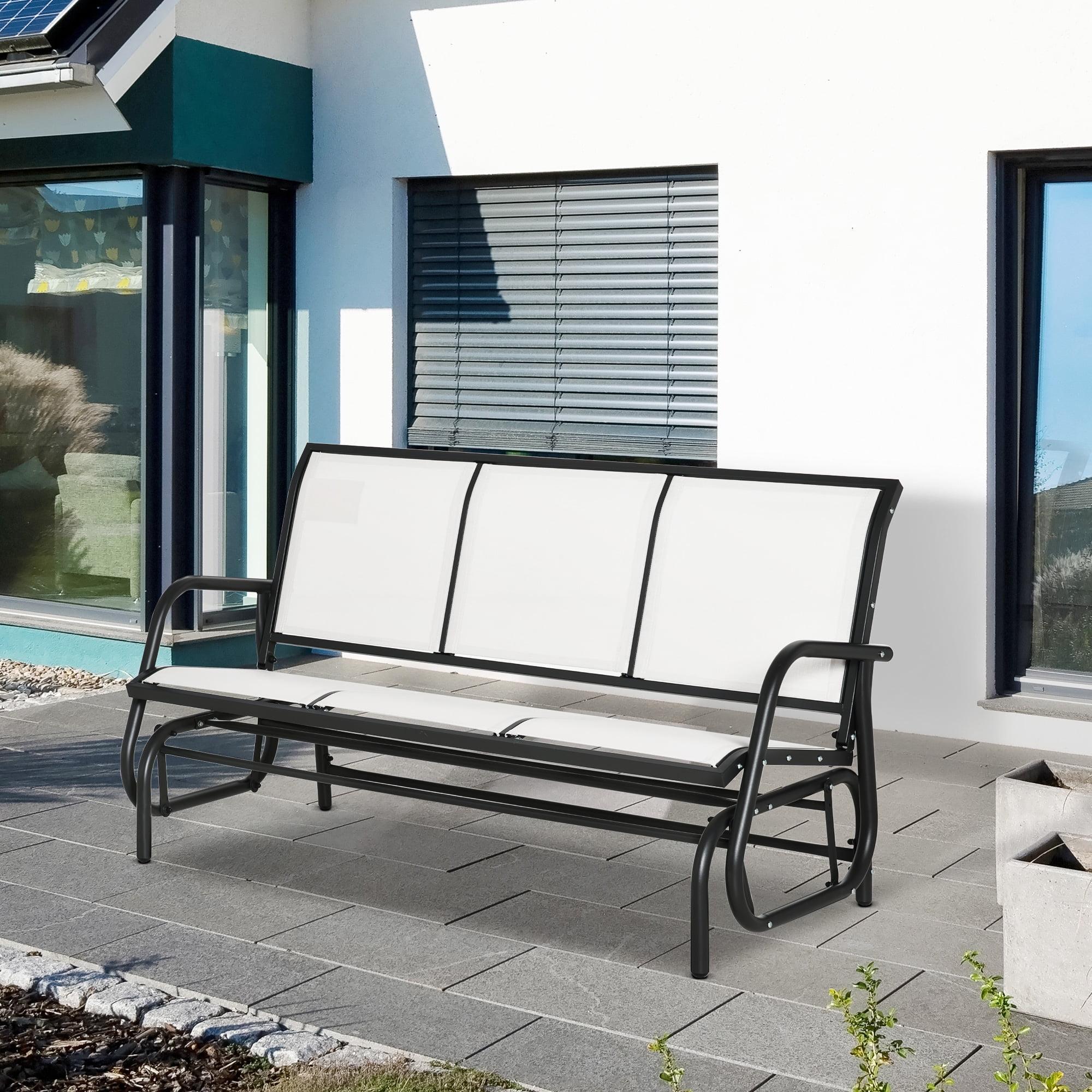 Outsunny Patio Glider Bench, Outdoor Porch Glider Swing with 3 Seats, Breathable Mesh Fabric, Metal Frame, Cream White
