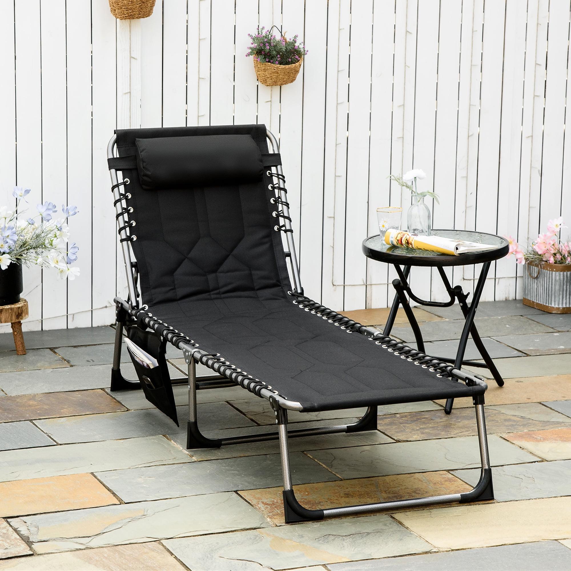 Outsunny Padded Folding Chaise Lounge Chair, Outdoor 6-Level Reclining Camping Tanning Chair with Headrest for Beach, Yard, Patio, Pool, Black