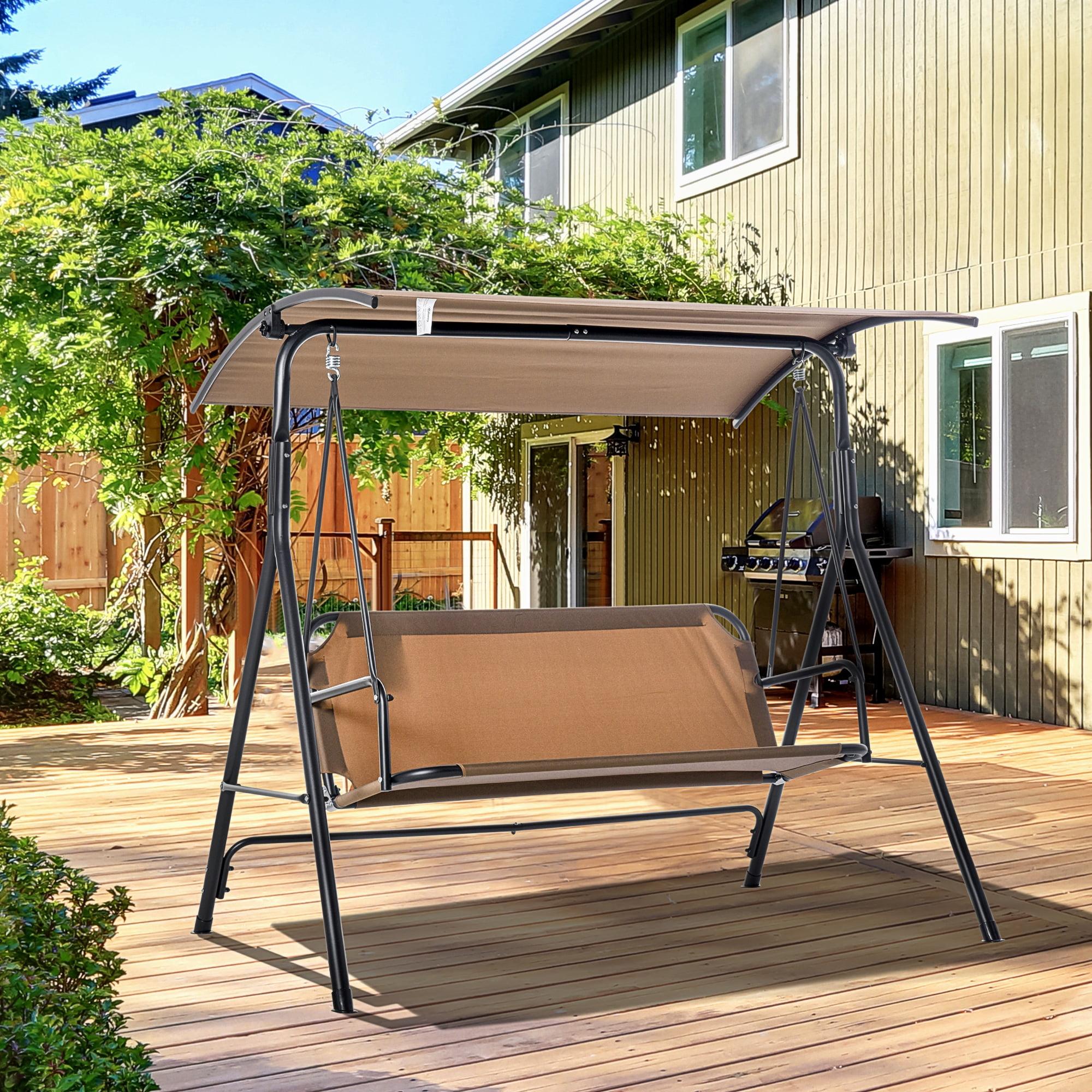 Outsunny 3-Person Porch Swing with Stand, Outdoor Swing for Patio Porch with Adjustable Tilt Canopy & Comfortable Swing Bench-Style Seat, Steel Frame