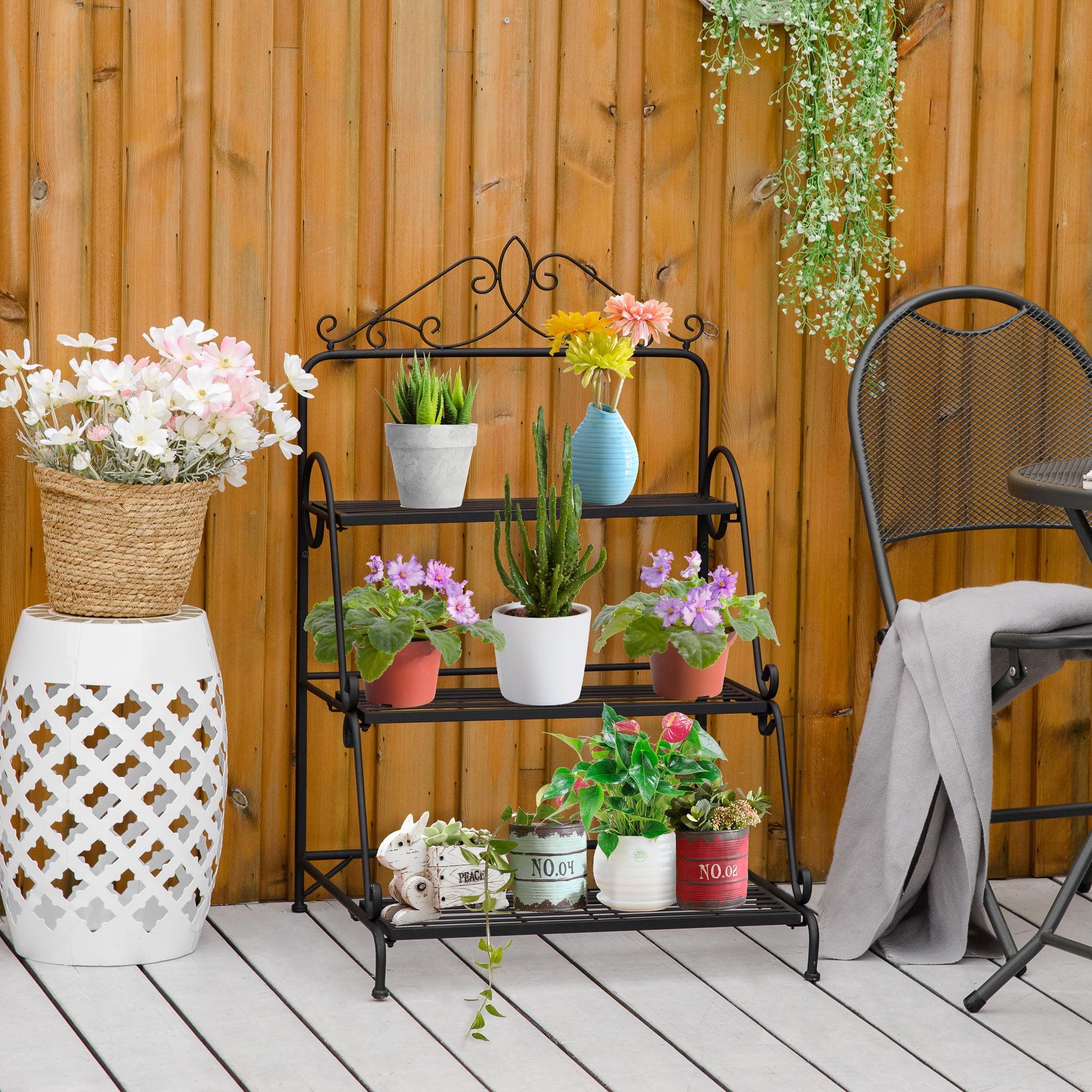 Outsunny Black 3-Tier Metal Plant Stand with Scrollwork