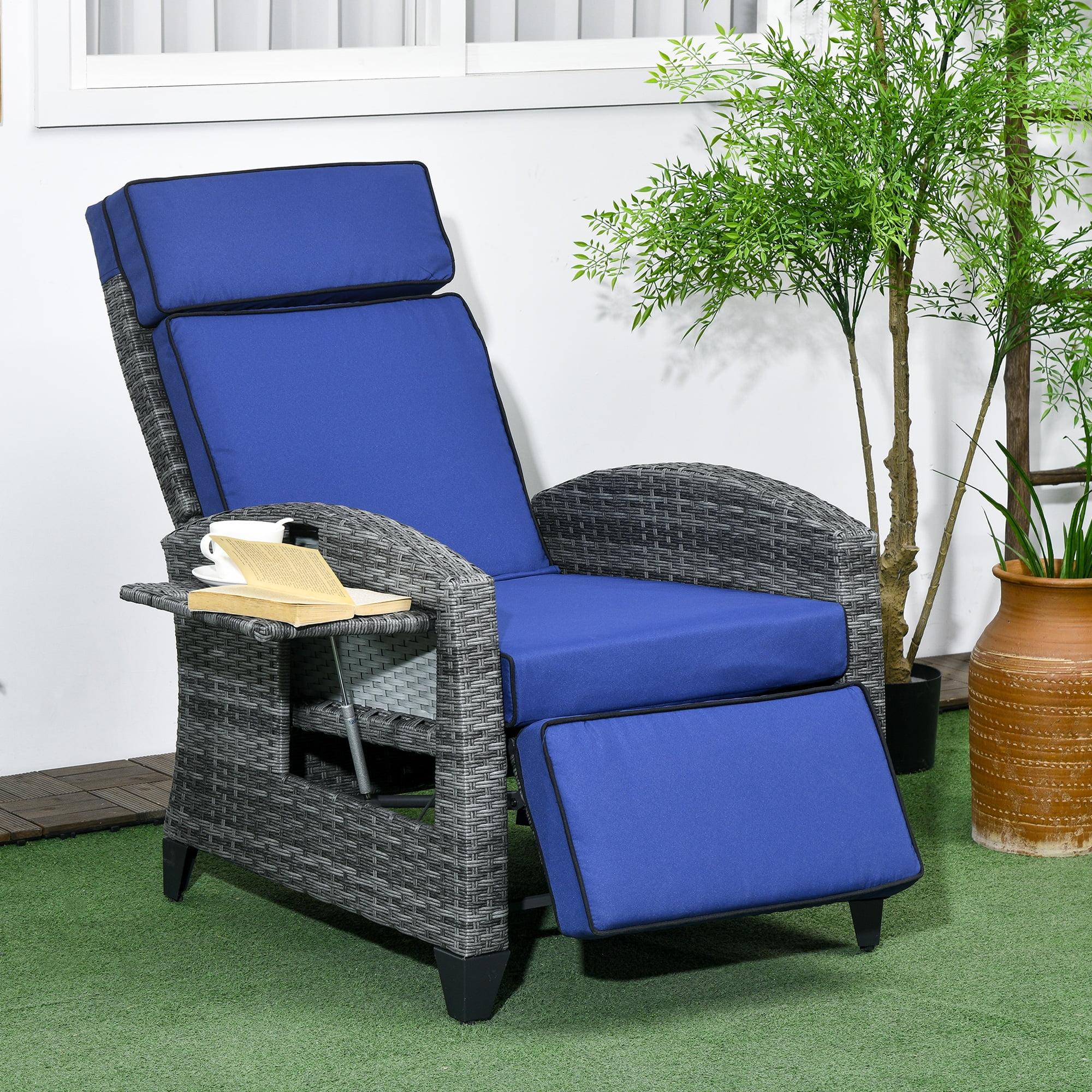 Outsunny Outdoor Recliner Chair with Cushions, PE Wicker Reclining Patio Lounge Chair with Adjustable Footrest, Armrests, Side Tray Table