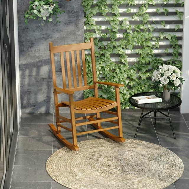 Outsunny Outdoor Rocking Chair, Wooden Rustic High Back All Weather Rocker, Slatted for Indoor, Backyard & Patio, Natural