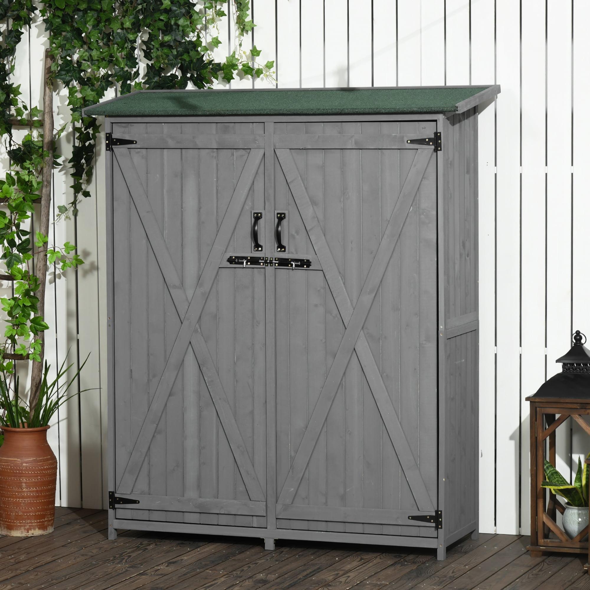 Outsunny Outdoor Storage Cabinet Wooden Garden Shed Utility Tool Organizer with Waterproof Asphalt Rood, Lockable Doors, 3 Tier Shelves for Lawn, Backyard