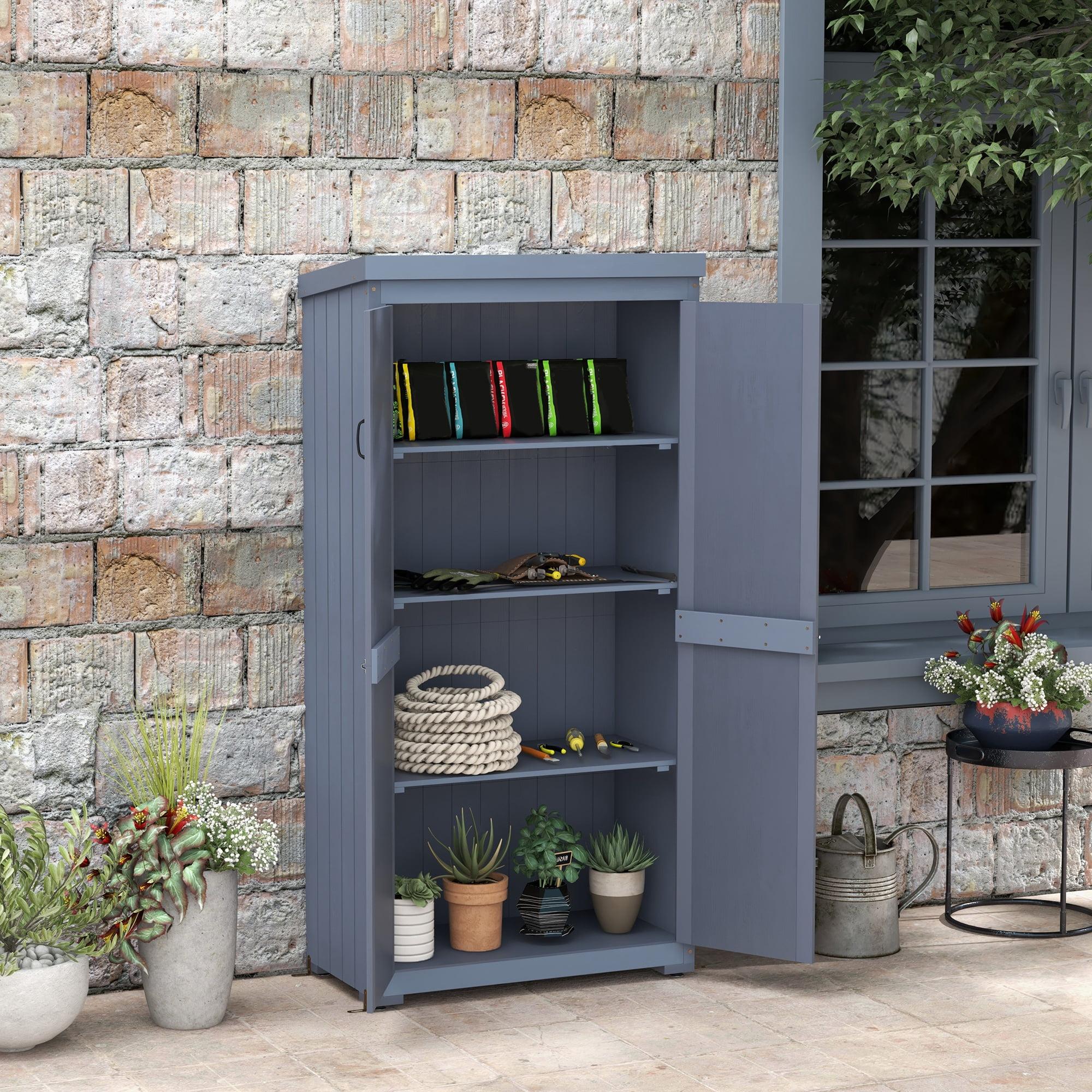 Outsunny Outdoor Storage Cabinet, Wooden Garden Storage Shed with Waterproof Galvanized Metal Roof, Gray