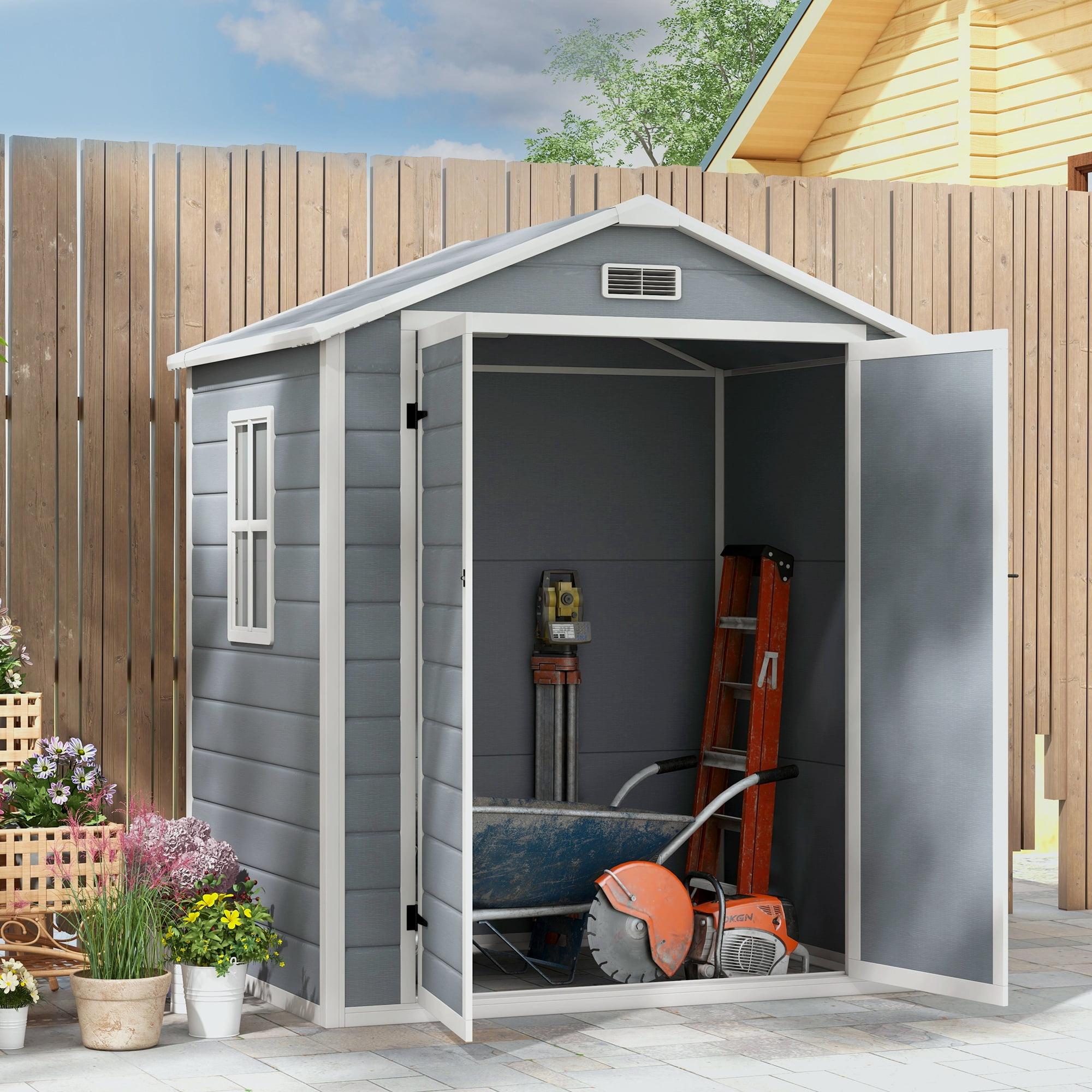 Gray Plastic Outdoor Storage Shed with Windows and Lockable Doors