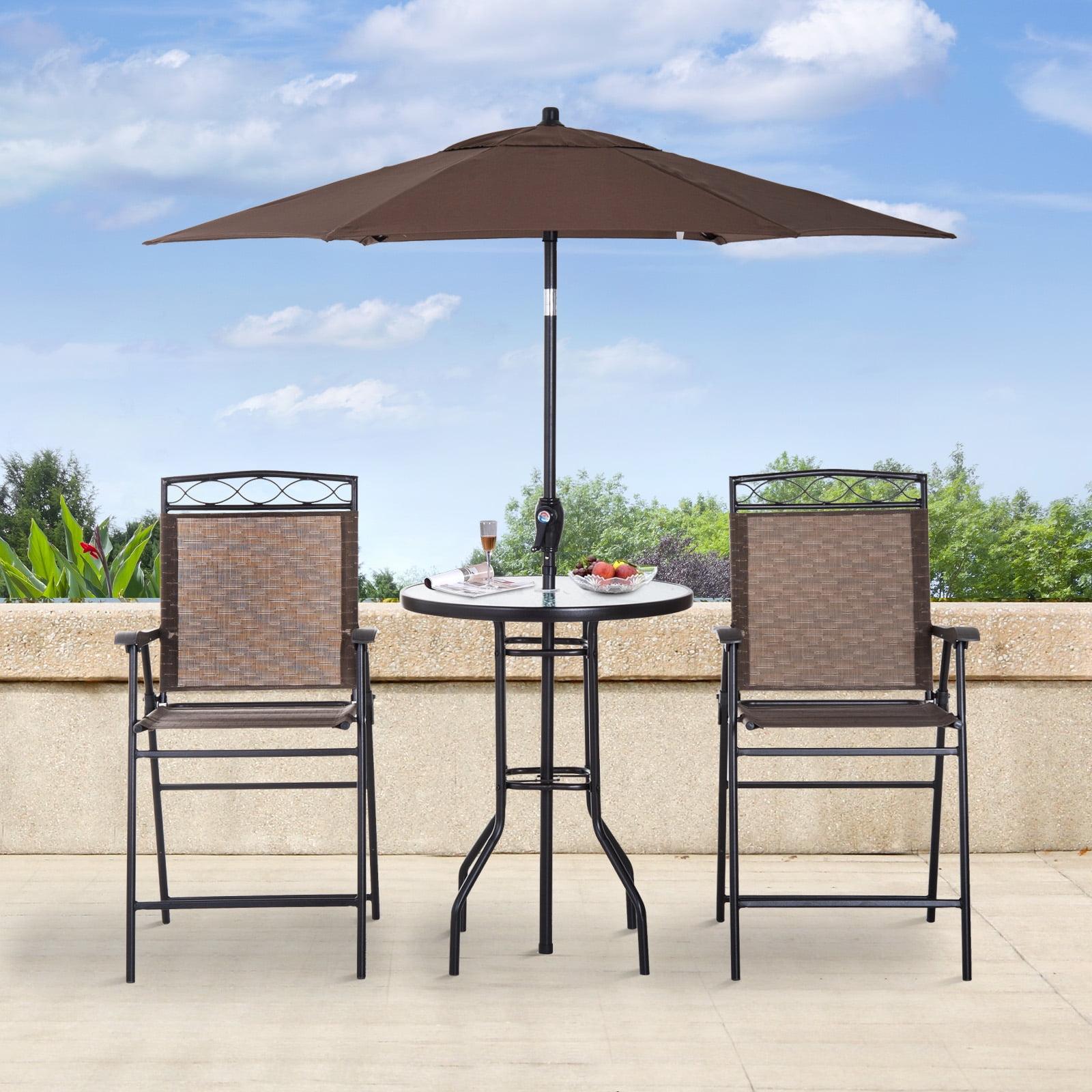 Outsunny 4 Piece Patio Bar Set for 2 with 6' Adjustable Tilt Umbrella, Outdoor Bistro Set with Folding Chairs & Glass Round Dining Table