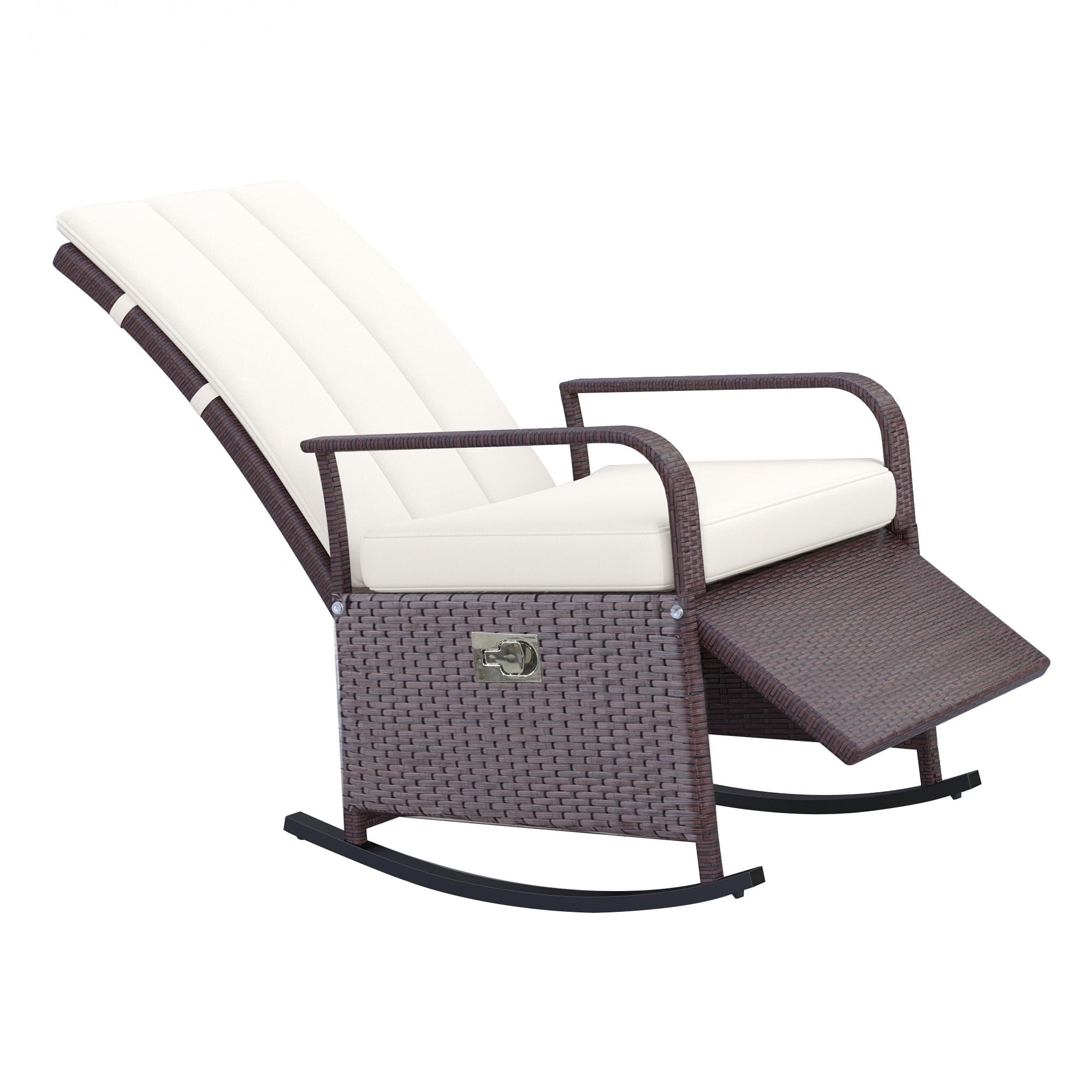 Luxury Beige PE Rattan Outdoor Reclining Rocker with Cushions