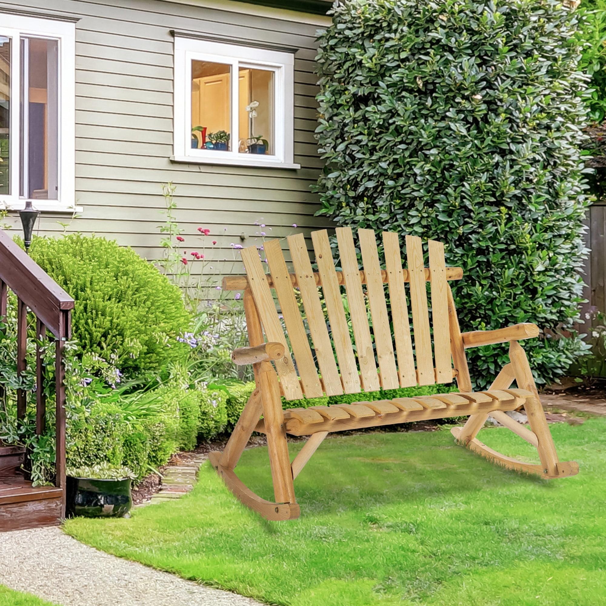 Outsunny Outdoor Adirondack Rocking Chair with Log Slatted Design, 2-Seat Patio Wooden Rocker Loveseat with High Back for Lawn Backyard Garden