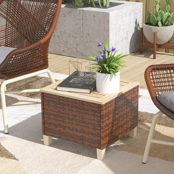 Outsunny PE Rattan Outdoor Side Table, Patio End Table with Wood Top, Brown