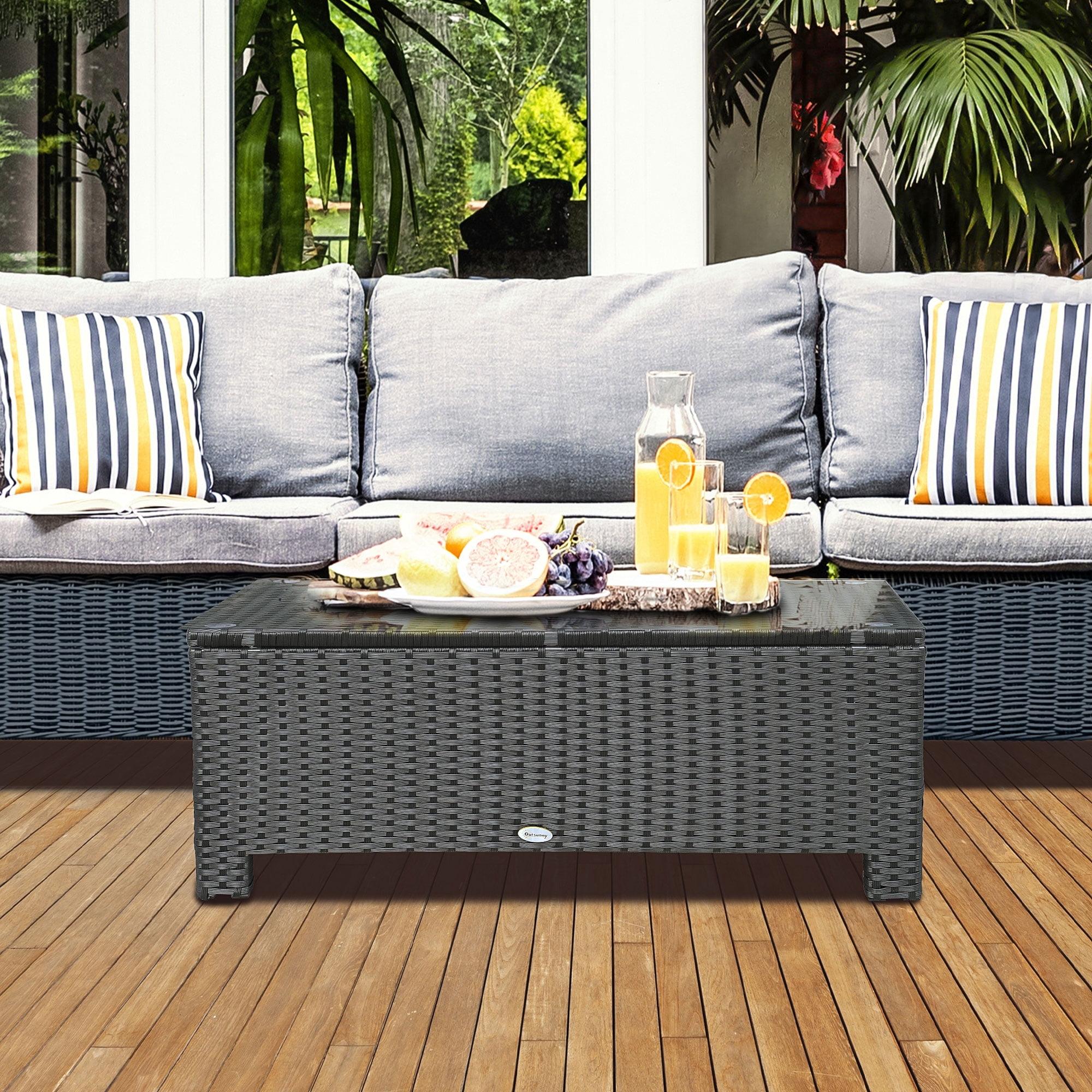 Black PE Rattan Patio Coffee Table with Tempered Glass Top