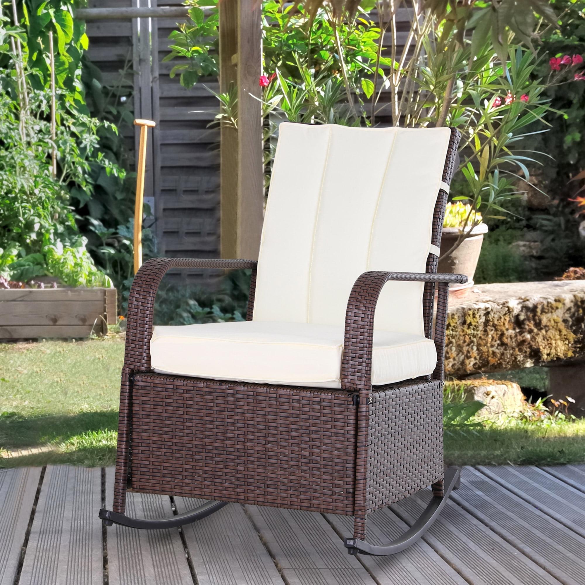 Outsunny Outdoor Rattan Wicker Rocking Chair Patio Recliner with Soft Cushion, Adjustable Footrest, Max. 135 Degree Backrest