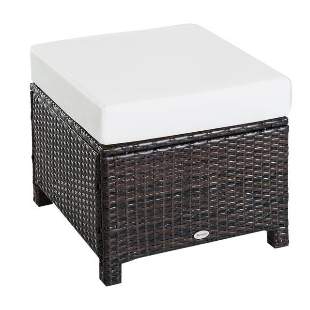 Outsunny 20" Outdoor Ottoman, PE Plastic Rattan Wicker, Fade-Resistant Patio Footrest with Soft Cushion, Steel Frame, Dark Brown, Cream White